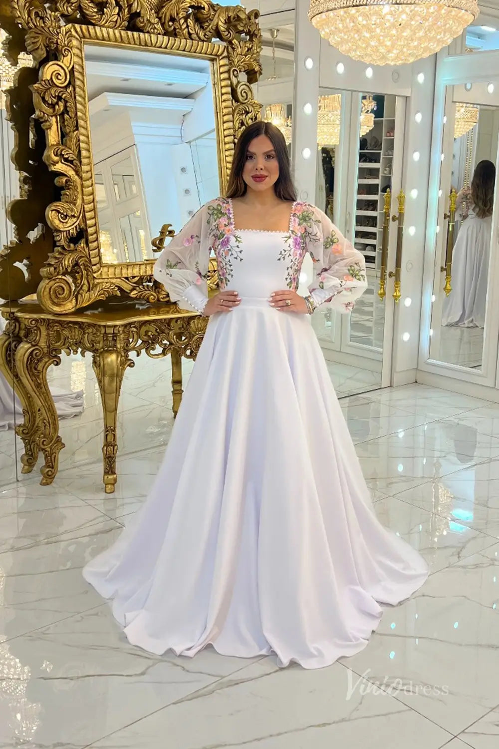 white ethereal dresses Floral Embroidered Wedding Dress with Square Neckline & Sheer Bishop Sleeves – FW242 Denim Stitch Maxi Dress framed by soft puff Not_On_RF Size:XXL - Long MAXI (49.2 in | 125 cm)