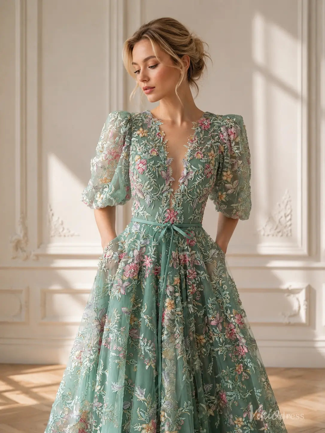 Sage Green Beaded Floral Wedding Dress with Half Puff Sleeves and V-Neck FW307