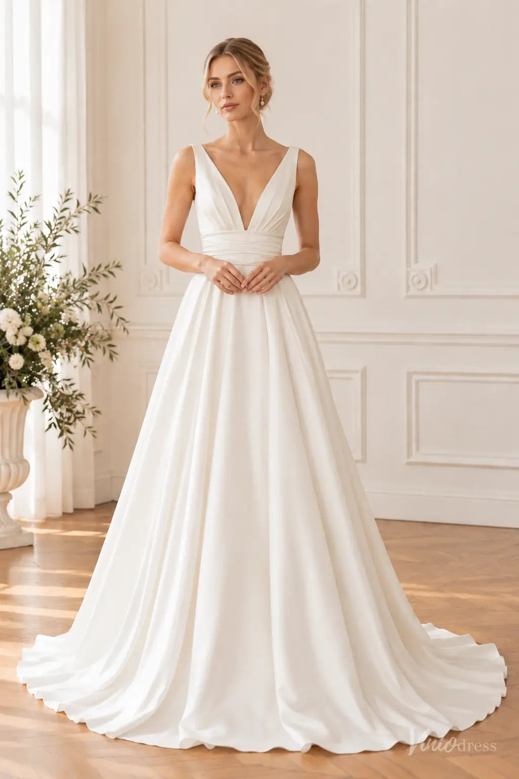 Simple A-Line Satin Wedding Dress with Black Floral Statement Train & Deep V-Neck FW318B