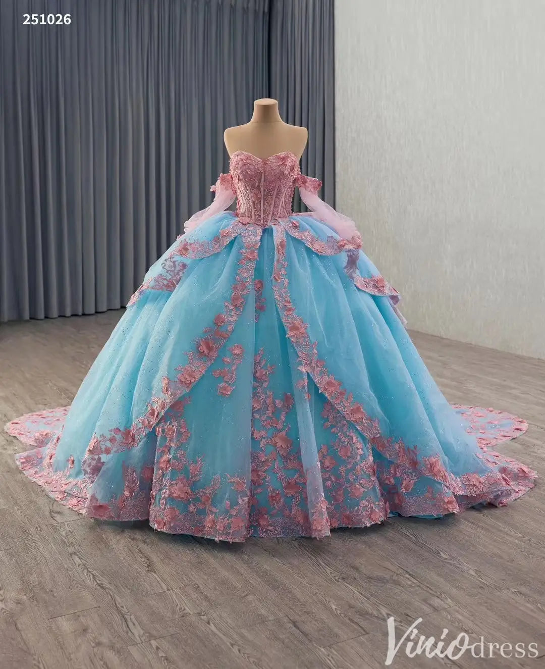 Pink and Blue 3D Floral Quinceañera Dress – Style 251026 – Viniodress