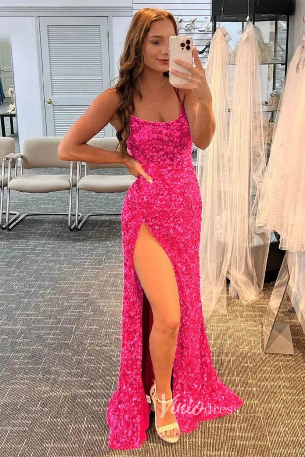 Fuchsia Pink Sequin Prom Dresses with Slit Mermaid Spaghetti Strap Eve – Viniodress