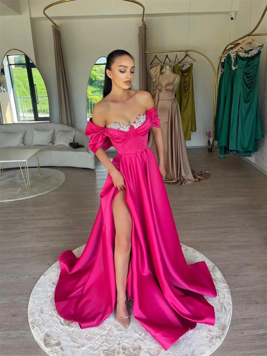 Fuchsia Satin Off the Shoulder Prom Dresses 2025 with Beaded Neckline – Viniodress