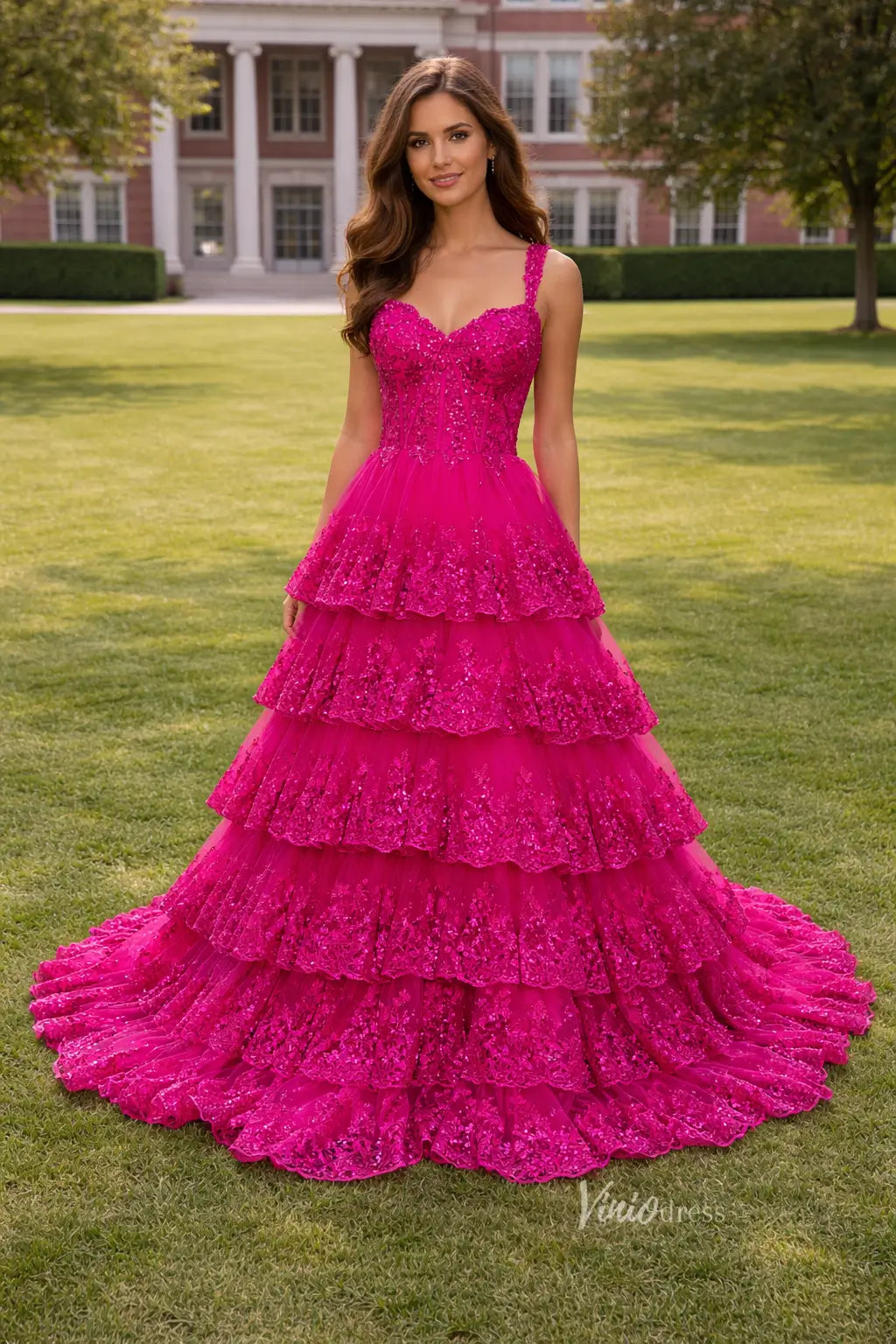 fuchsia prom dress Tiered Ball Gown with Floral Sequin Lace – Viniodress Efsteb Fall Dresses for perfect for making a [color:blue]color_family:blue--7794146738433 Talla:m
