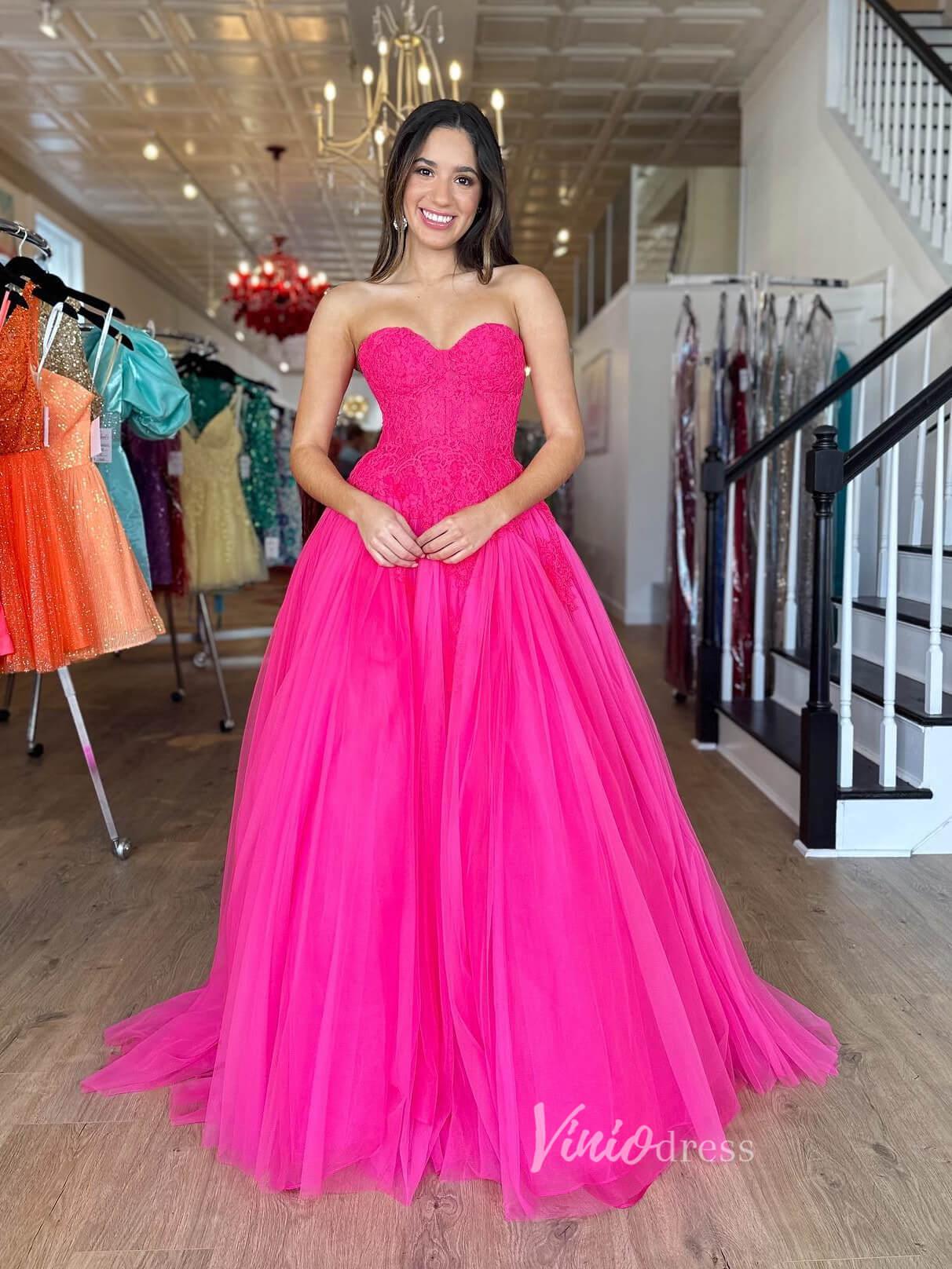 Fuchsia Tulle Strapless Prom Dresses Lace Bodice Formal Gown FD3608 – Viniodress