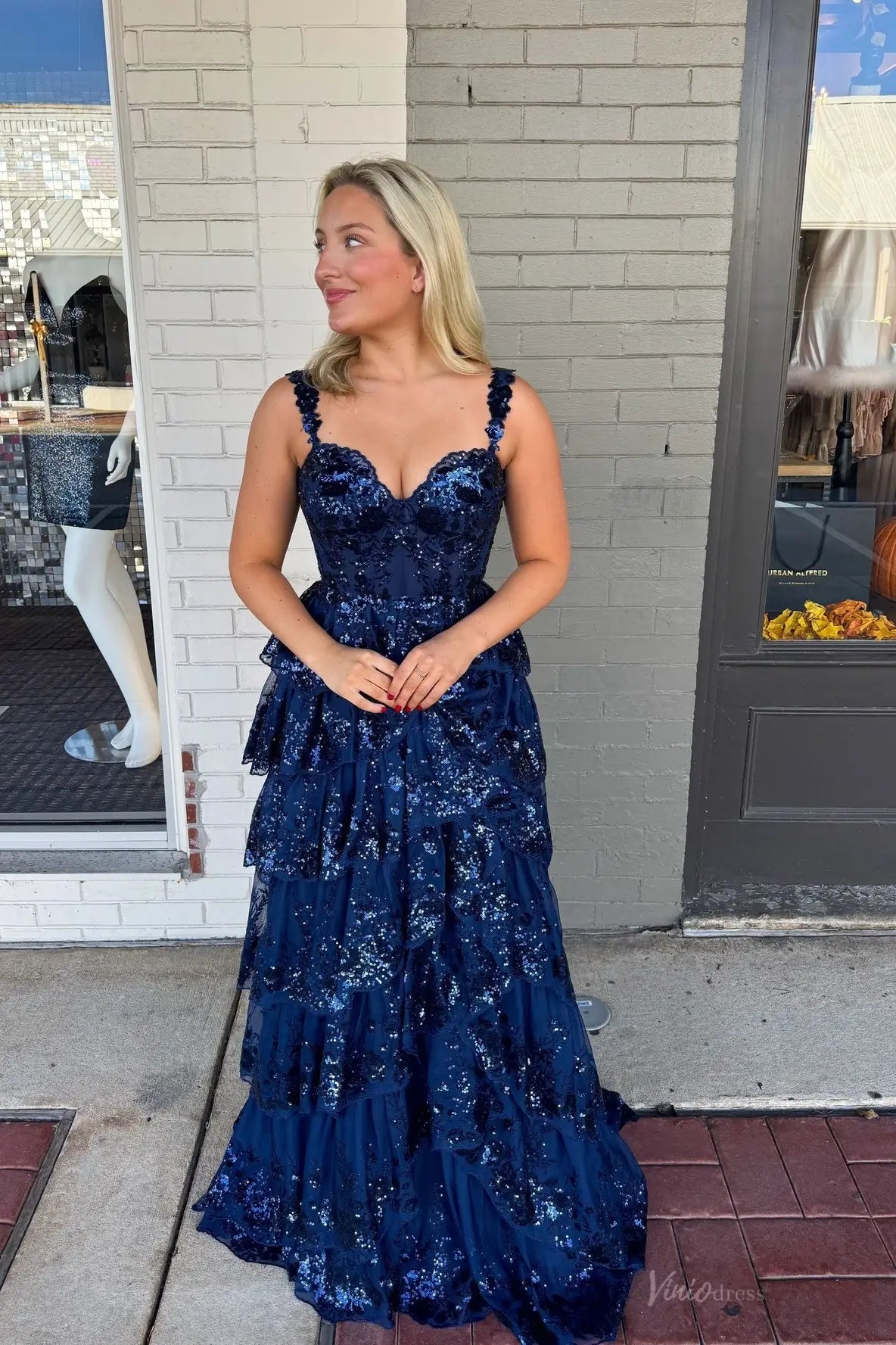 Navy Blue Sequin Lace Tiered Ruffle Prom Dress – RF210 – Viniodress