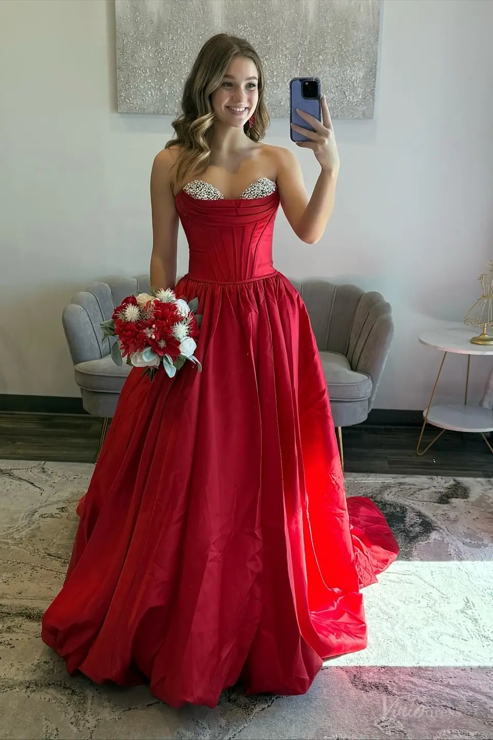 Glamorous Red Satin Ball Gown Prom Dress with Crystal Sweetheart, Corset Bodice & Pockets – AS086