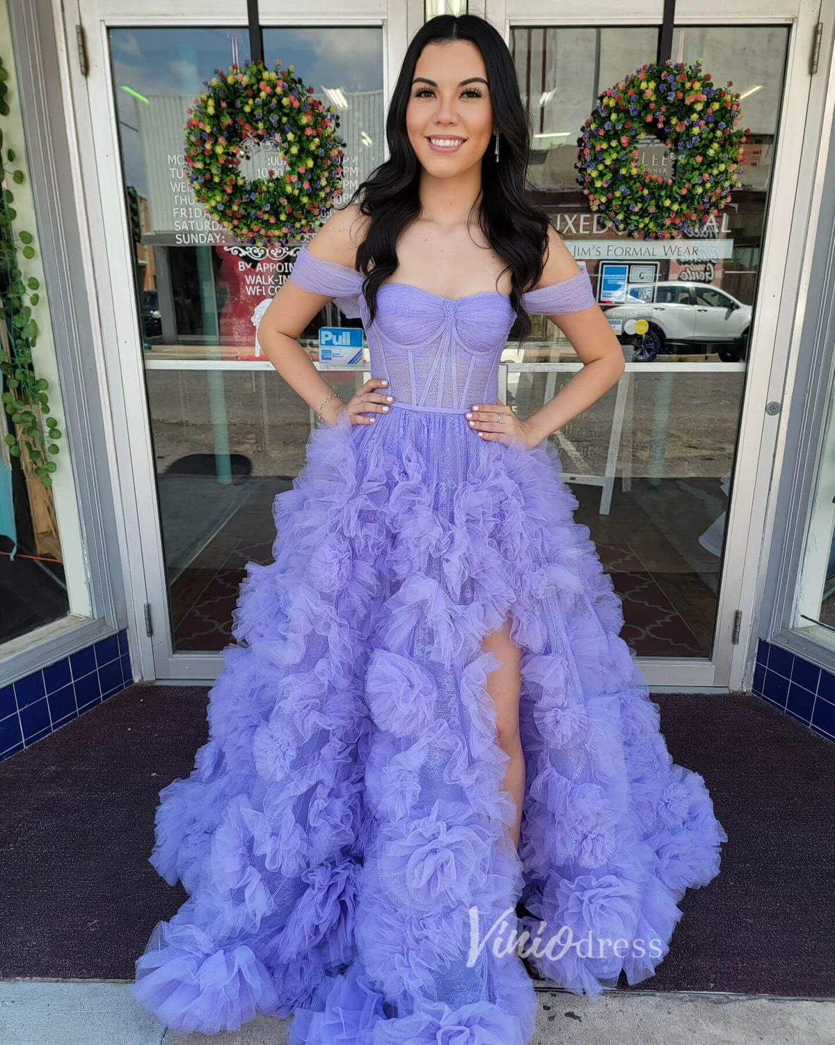 Gorgeous Pleated Ruffle Prom Dresses with Slit Off the Shoulder Ball Gown FD3626-prom dresses 2025 -Viniodress-Pink-Custom Size-