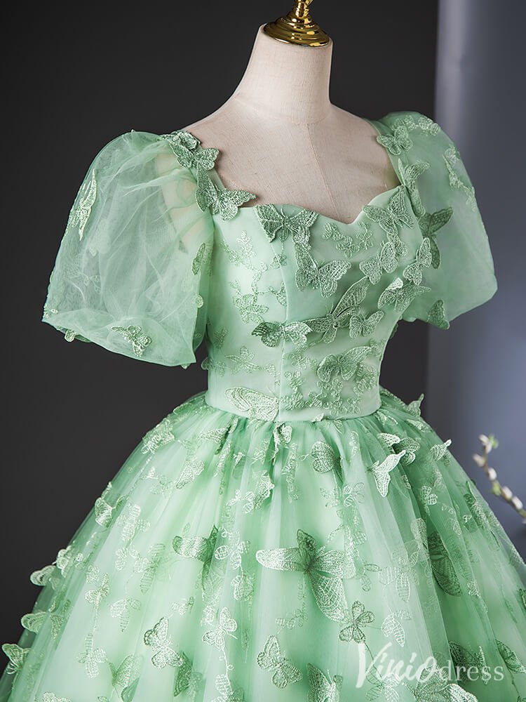 Green Butterfly Lace Applique Quinceanera Dresses Puffed Sleeve Ball Gown AD1379-prom dresses 2025 -Viniodress-Green-Custom Size-