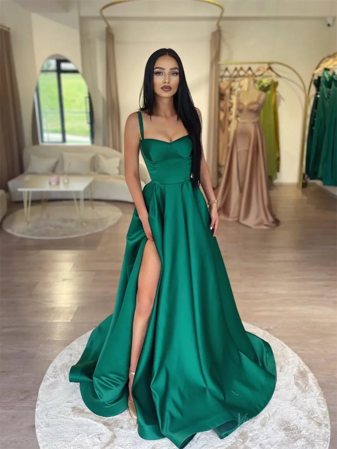 Green Satin Prom Dresses 2025 Spaghetti Strap Formal Dress with High S – Viniodress