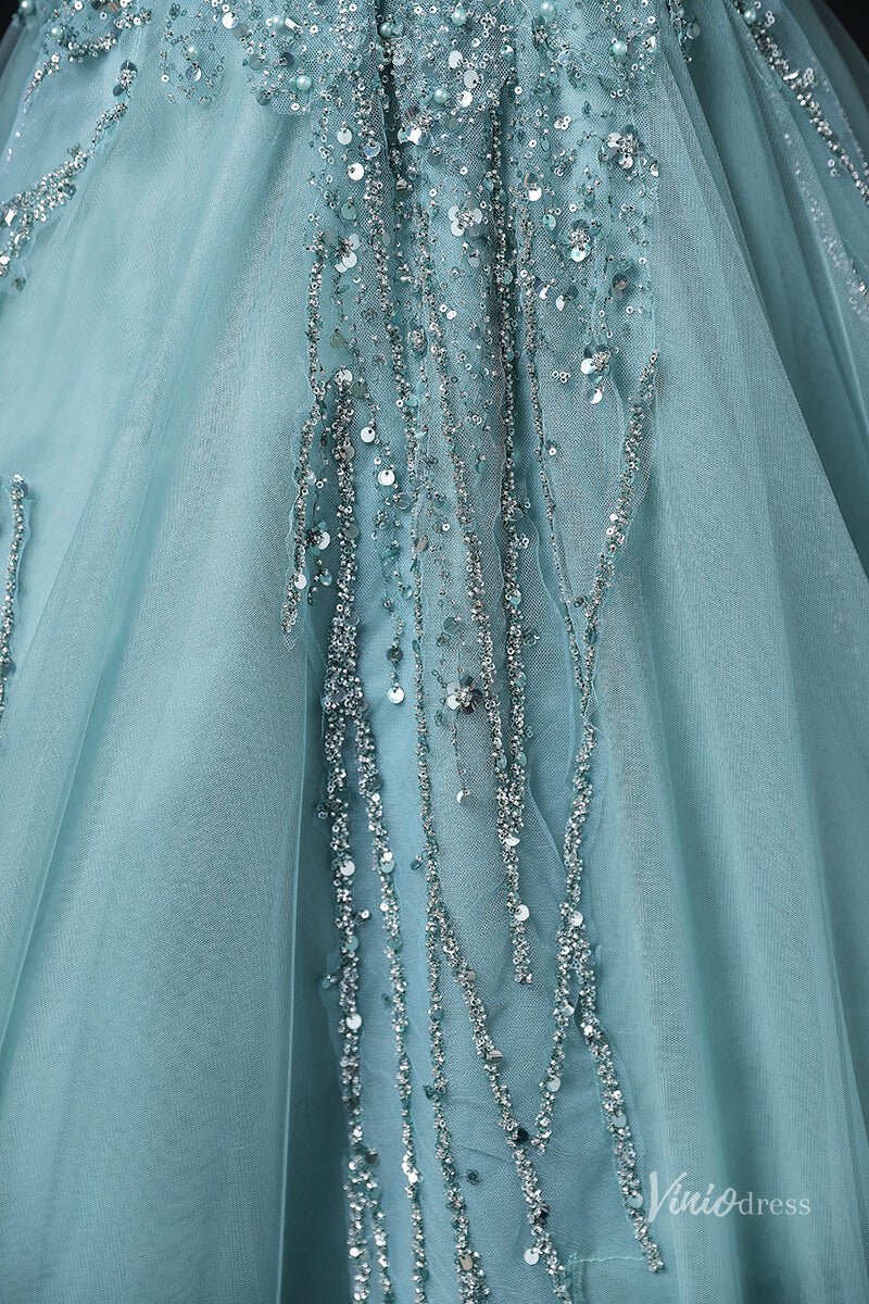 Green Sparkly Beaded Lace Prom Ball Gown Boat Neck Quinceanera Dresses BG064-prom dresses 2025 -Viniodress-Green-Custom Size-