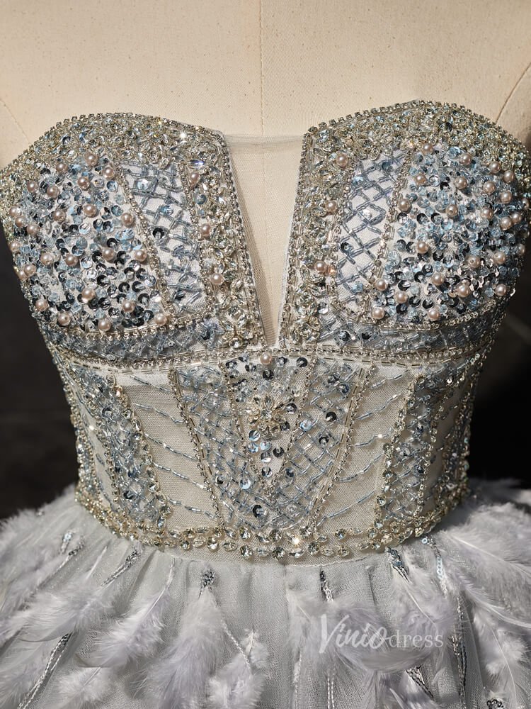 Grey Beaded Feather Homecoming Dresses Sheer Bodice Short Formal Dress BJ021-prom dresses 2025 -Viniodress-Grey-Custom Size-