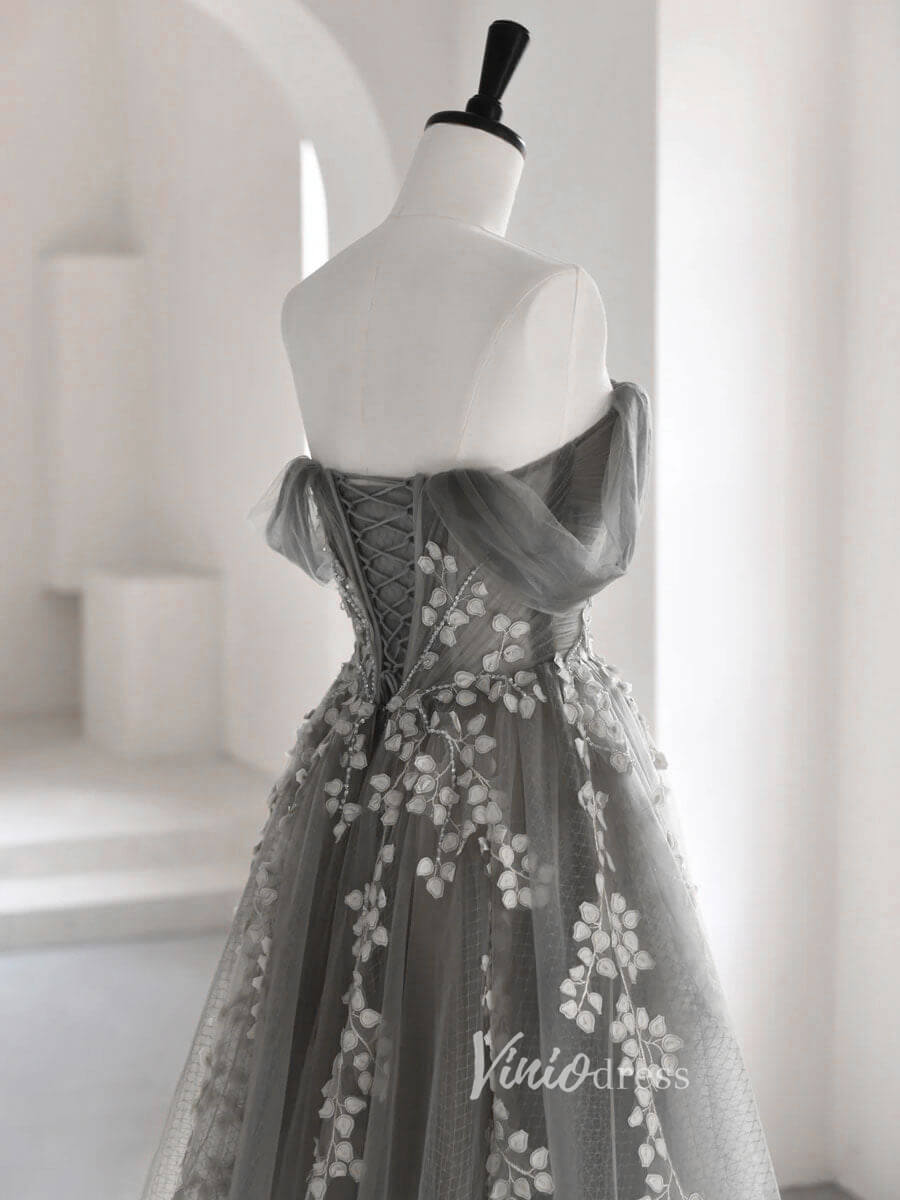 Grey Off the Shoulder Prom Dresses Lace Up Back Evening Dress FD3175-prom dresses 2025 -Viniodress-Grey-Custom Size-