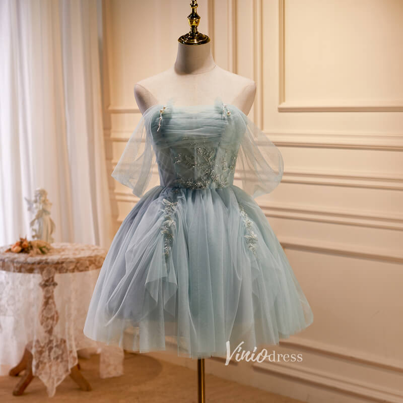 Grey Sparkly Tulle Homecoming Dresses Off the Shoulder Short Prom Dress SD1583