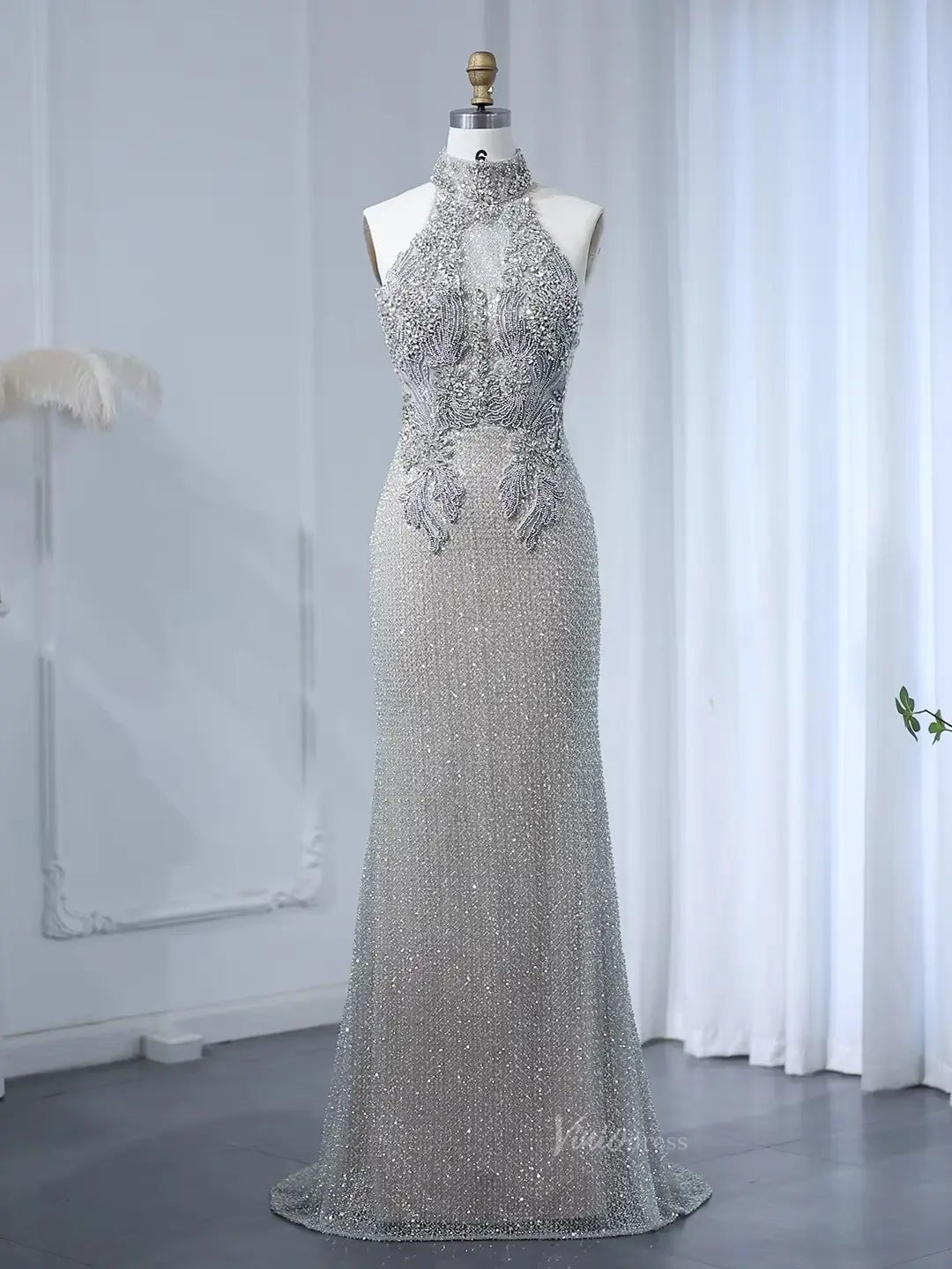 Halter Silver Prom Dresses Sparkly Beaded Formal Dresses High Neck BD046