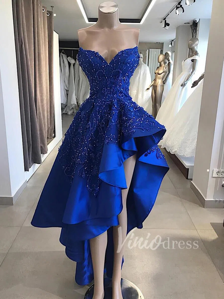 High Low Royal Blue Beaded Prom Dresses Strapless Formal Dress FD1589 – Viniodress