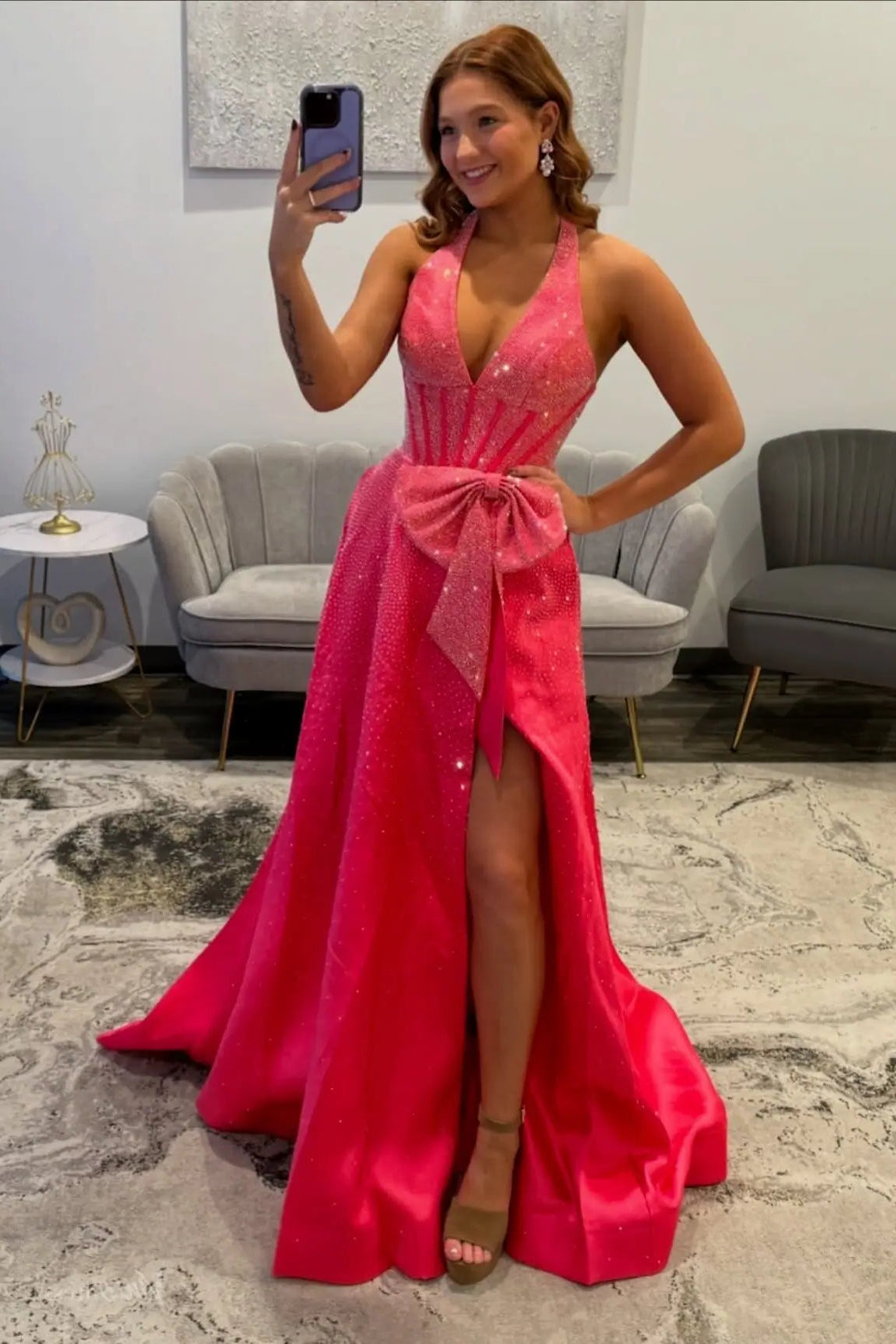 Hot Pink Rhinestone Halter Prom Dress with Satin Bow – AS085 – Viniodress
