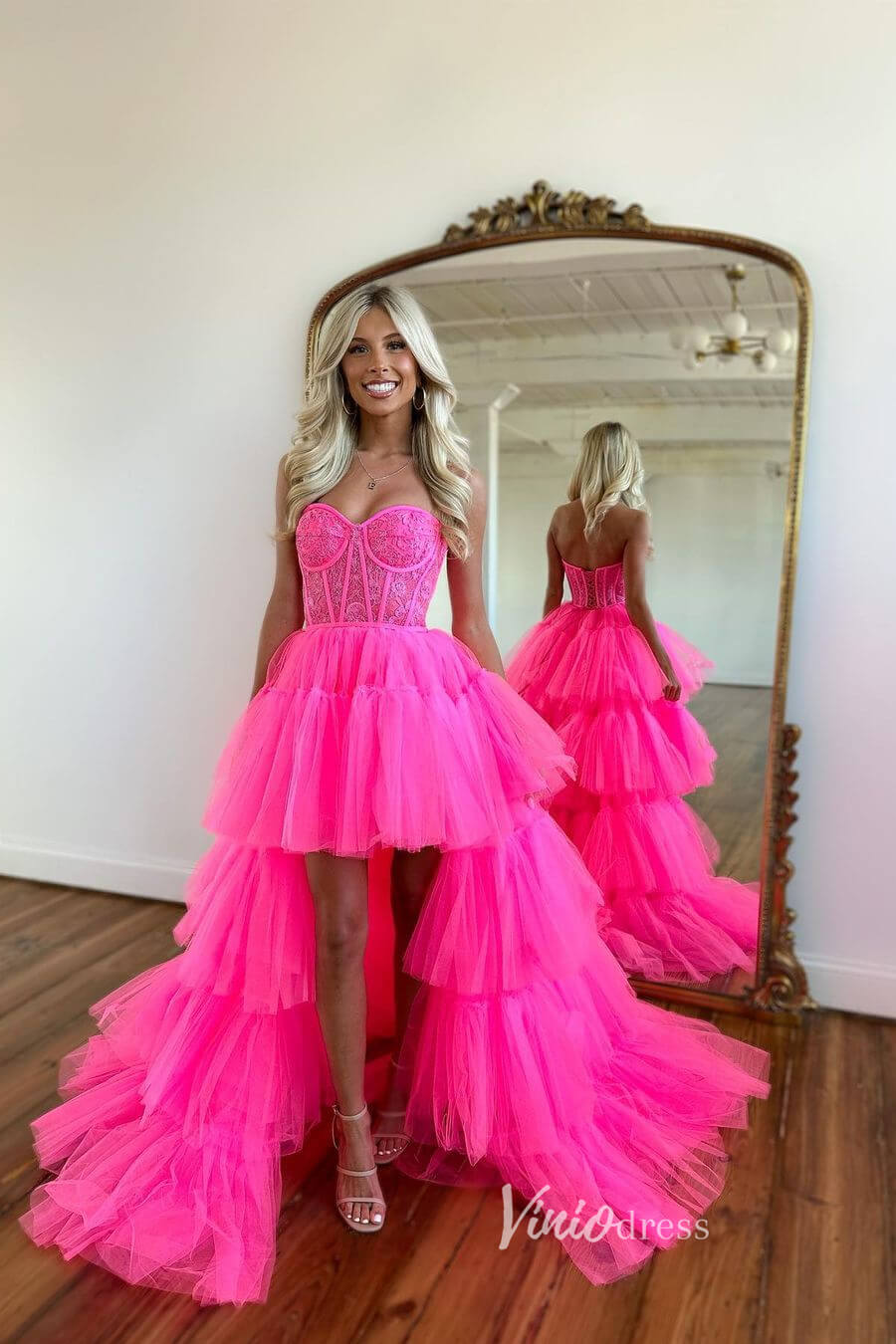 Hot Pink Ruffle High-Low Prom Dresses Lace Applique Strapless Formal D – Viniodress
