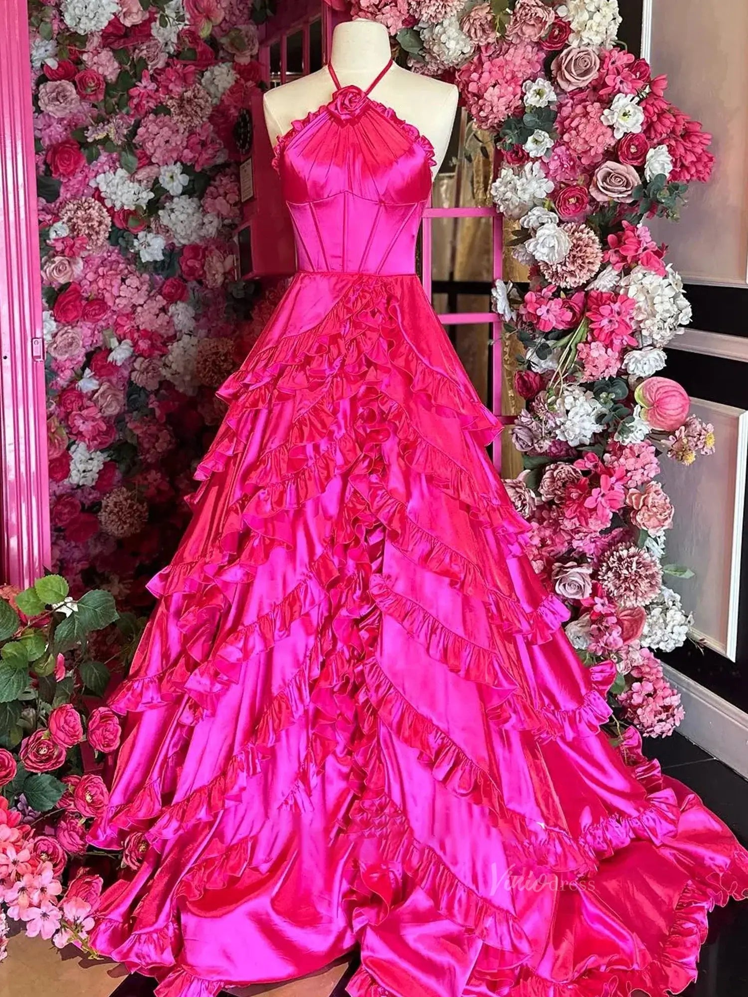 hot pink prom dresses 2025 Tiered Satin Halter Neck 3D Flower Formal Dresses LS-MPS