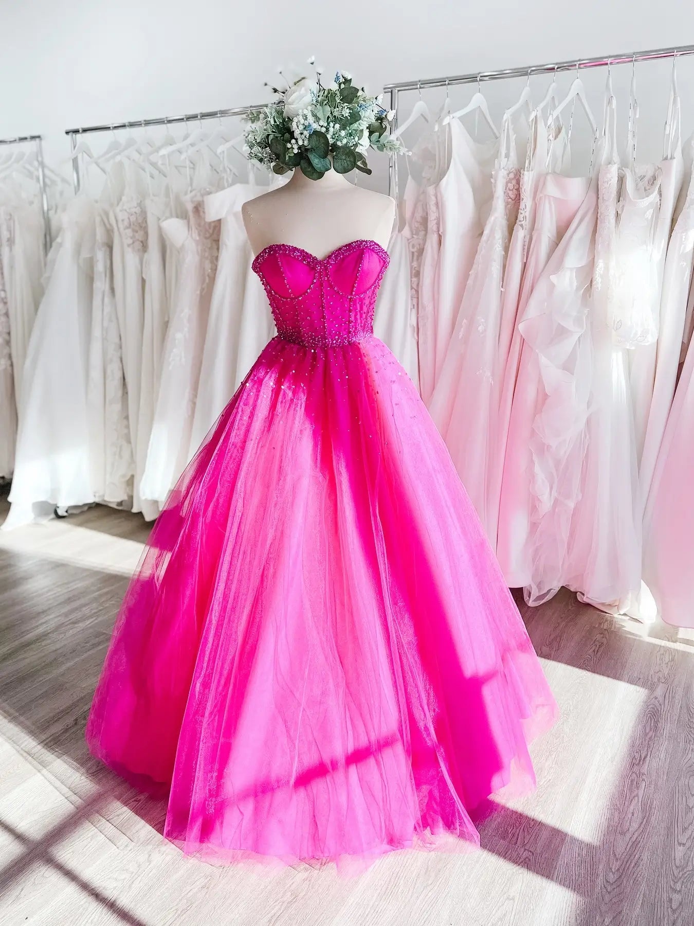 Hot Pink Tulle Prom Dress with Sweetheart Neckline, Pearl & Rhinestone – Viniodress