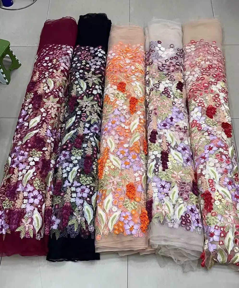 Colorful Floral Embroidered Wedding Dress with Long Sleeves and Chapel Train FW300