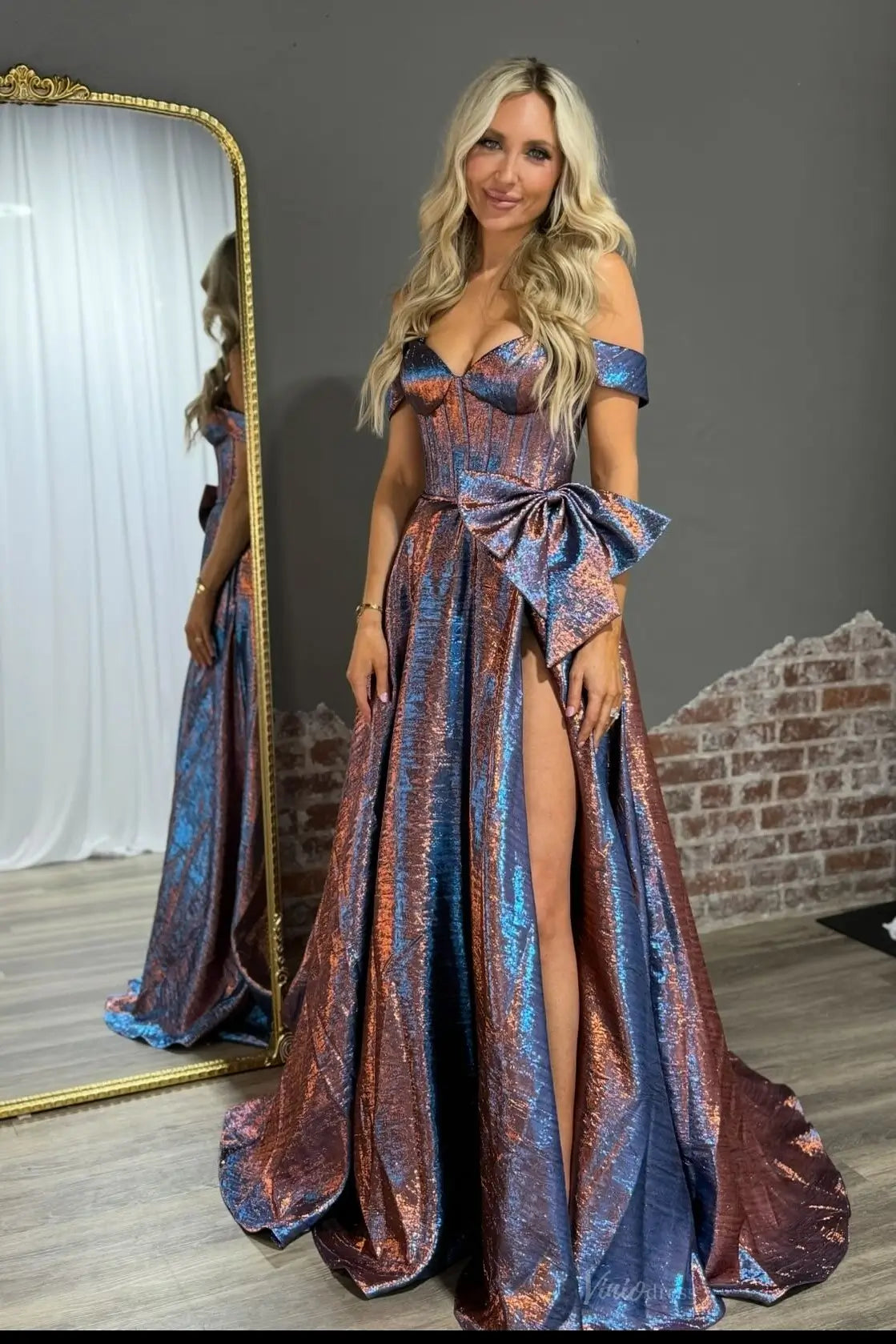Iridescent Metallic Off-Shoulder Prom Dress with Bow & Slit AS073 – Viniodress