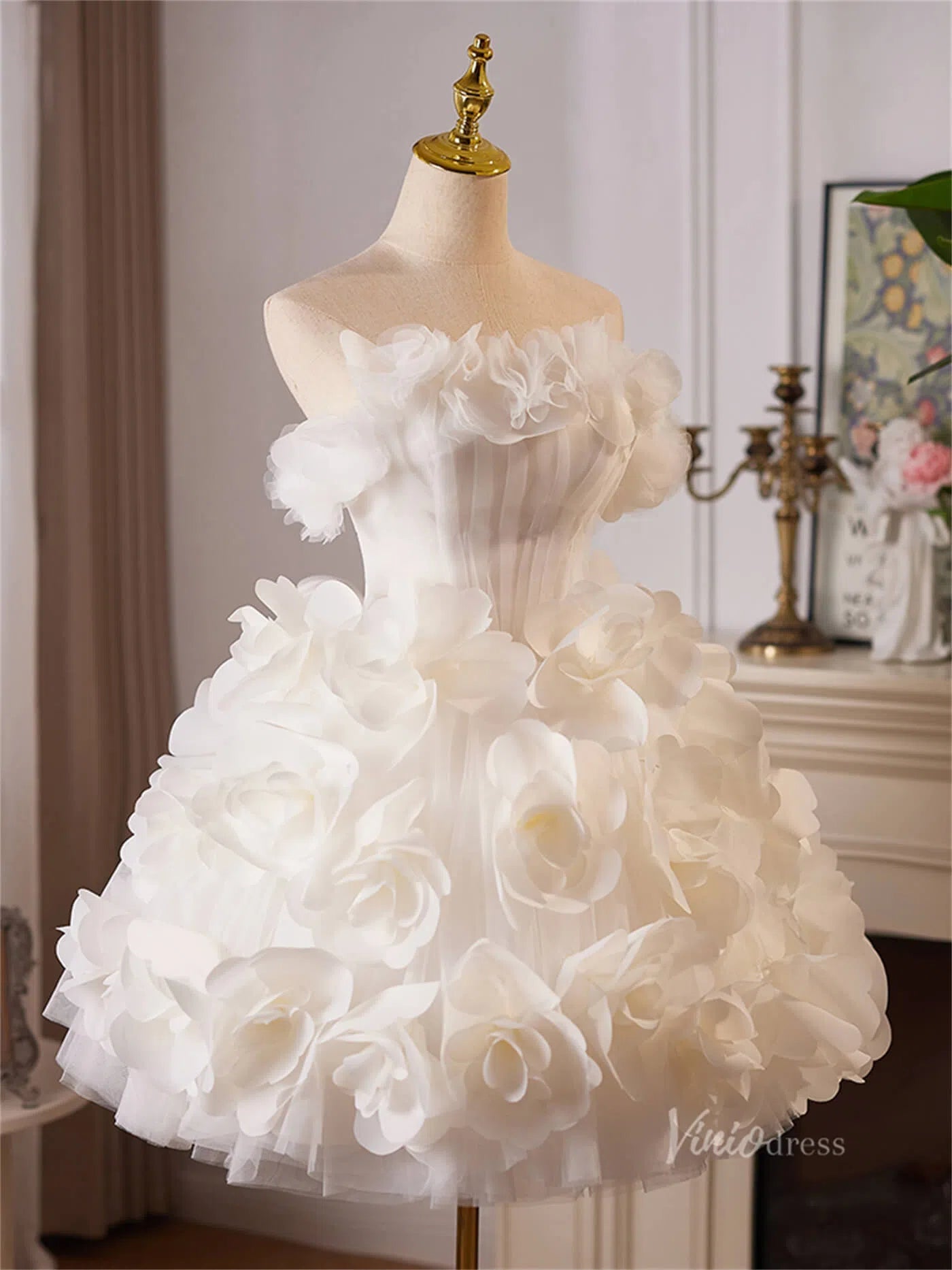 Ivory 3D Flower Rosette Homecoming Dresses Strapless Ruffled Short Pro – Viniodress