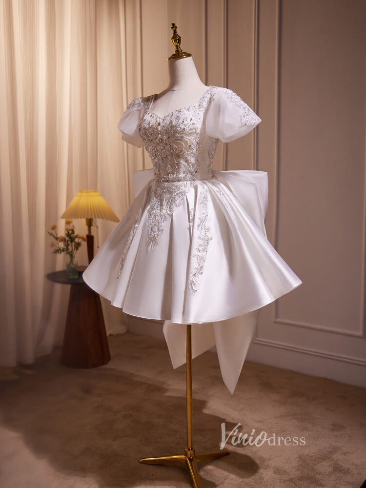 Ivory Beaded Lace Bow Homecoming Dresses with Puffed Sleeve BJ013-prom dresses 2025 -Viniodress-Ivory-Custom Size-