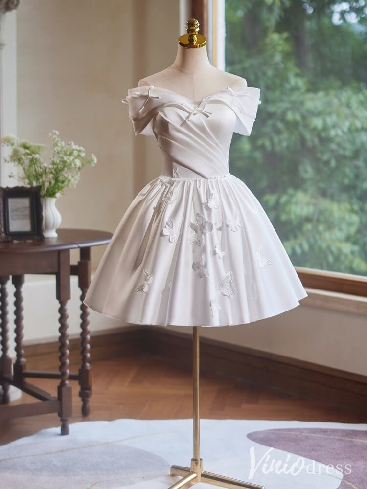 Ivory Butterfly Satin Homecoming Dresses Off the Shoulder Graduation D – Viniodress