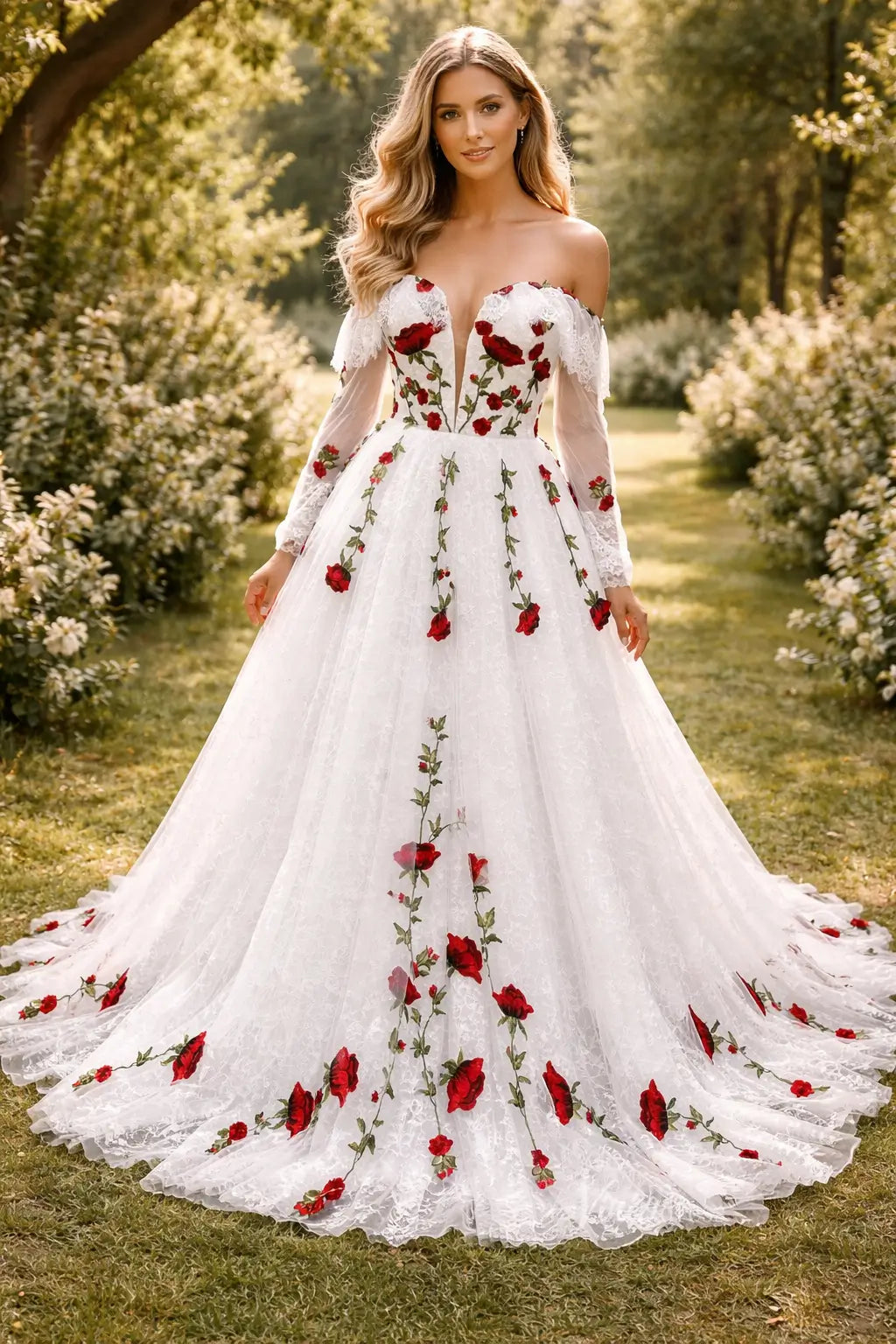 Ivory Wedding Dress with Red Rose Embroidery & Off Shoulder Sleeves – Viniodress