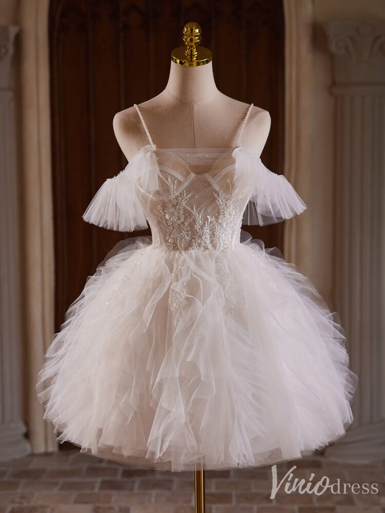 Ivory Lace Applique Ruffled Homecoming Dresses Spaghetti Strap Graduat – Viniodress