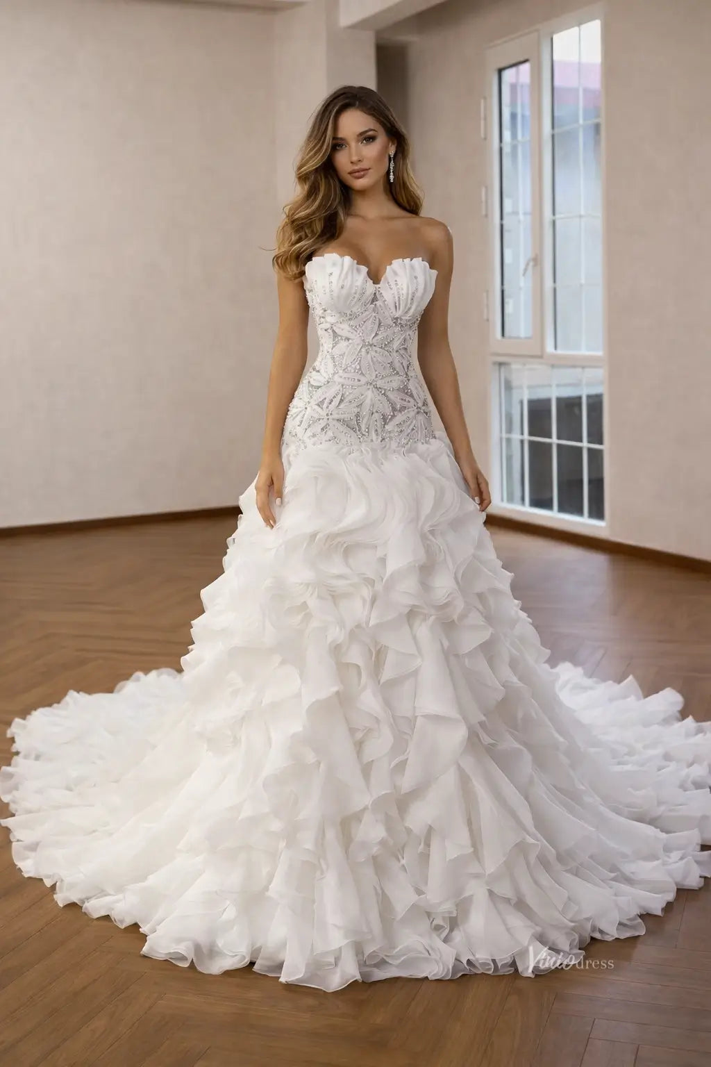 Ivory Beaded Floral Corset Mermaid Wedding Dress with Ruffles 251155 – Viniodress