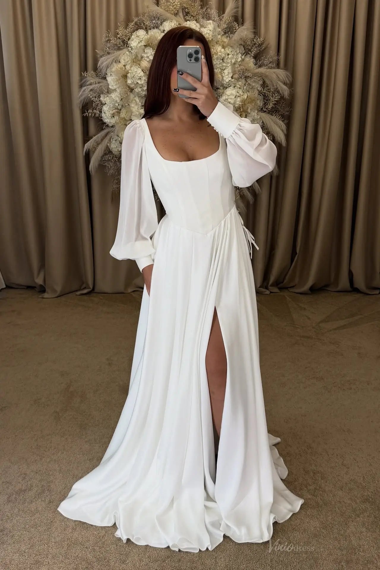 Ivory Square Neck Wedding Dress with Sheer Puff Sleeves & Slit – MS154 – Viniodress