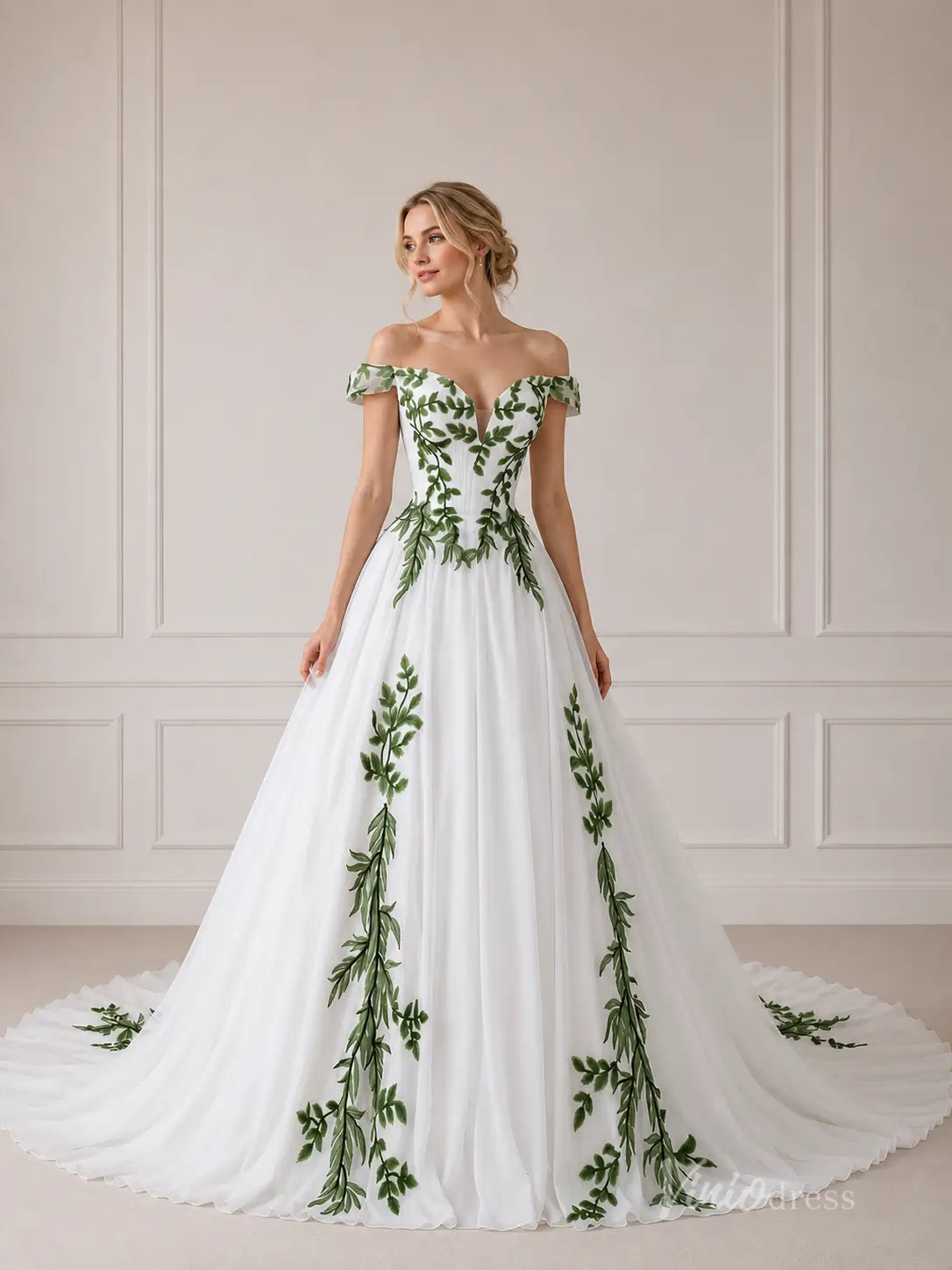 Ivory Green Leaf Appliqué Off-Shoulder Wedding Dress – FW282 – Viniodress