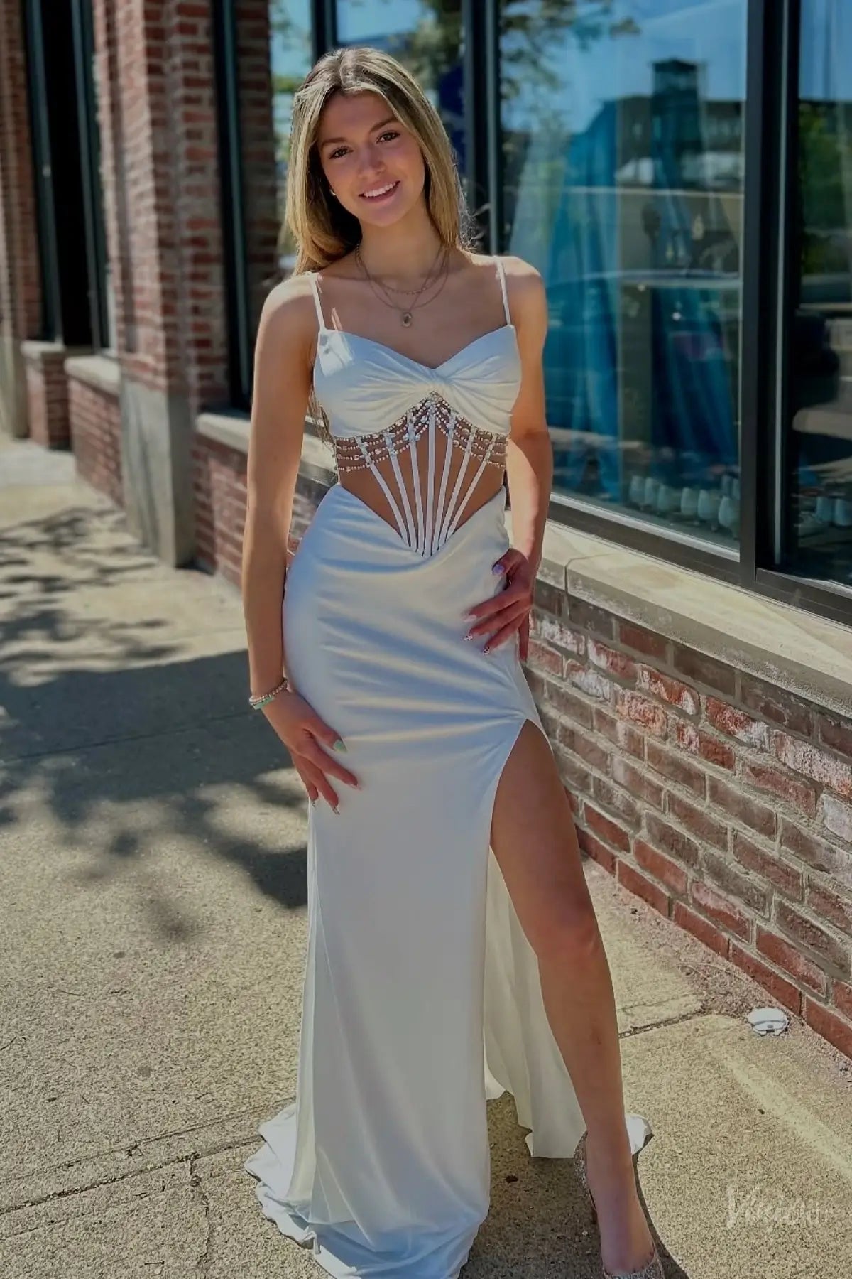 ivory prom dress Pearl Trumpet/Mermaid Spaghetti Straps Dresses Do not know where to get a perfect dress for your event Ivory Satin Cutout Prom Dress