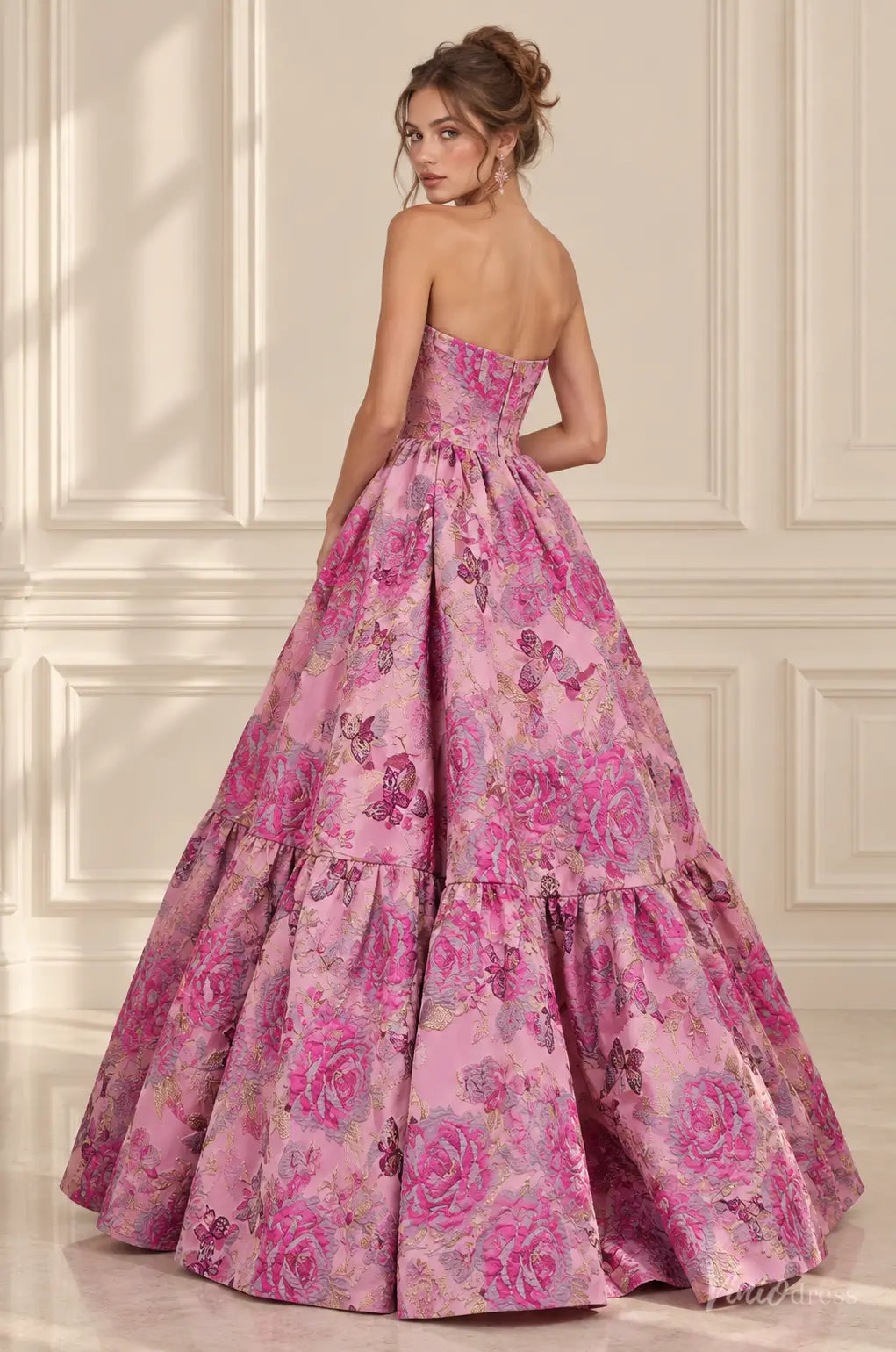 Pink Floral Jacquard Ball Gown Prom Dress with Strapless Corset Bodice & Ruffled Hem JC044