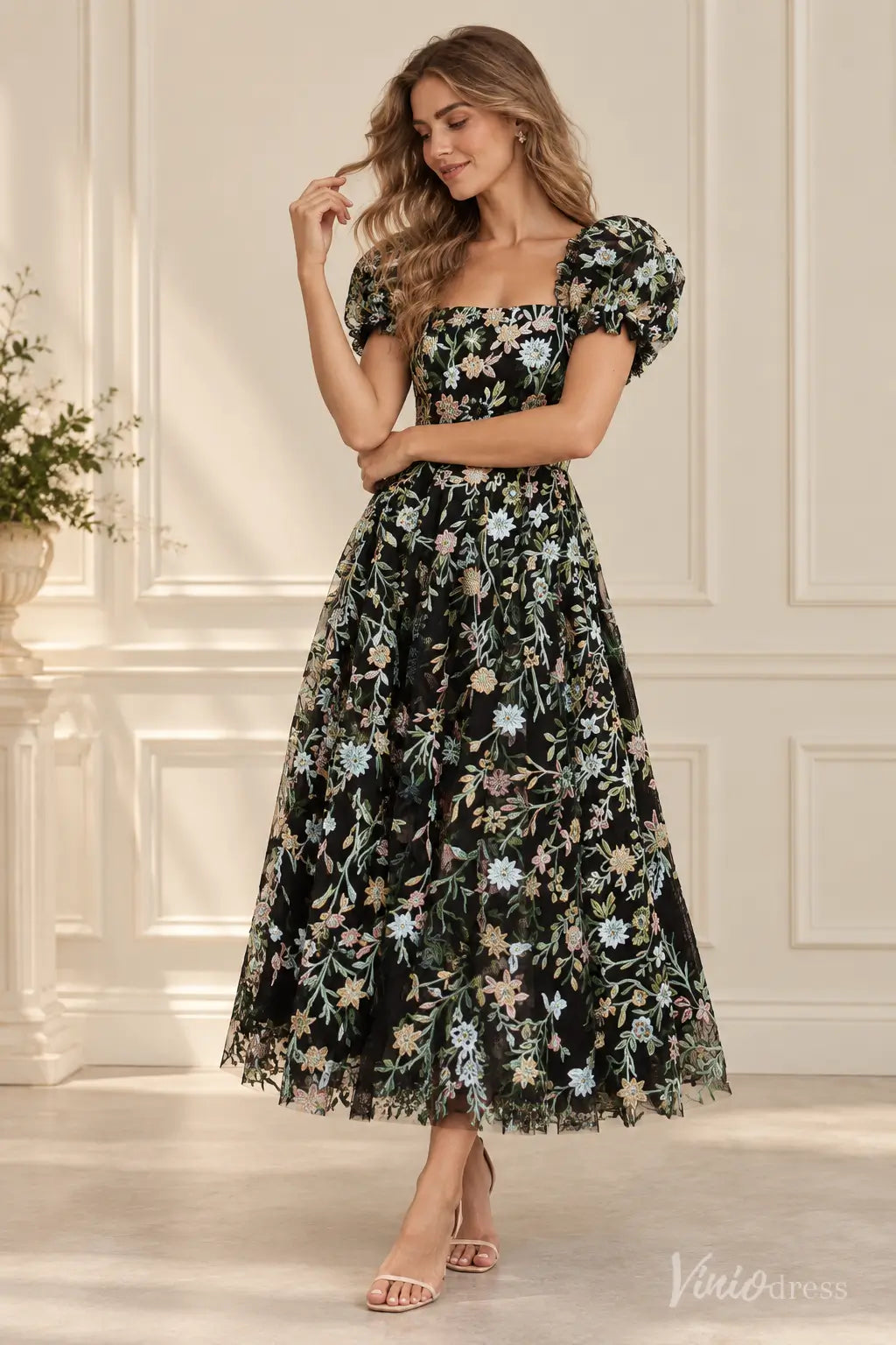 Floral Embroidered Tea-Length Wedding Dress with Puff Sleeves - LA186