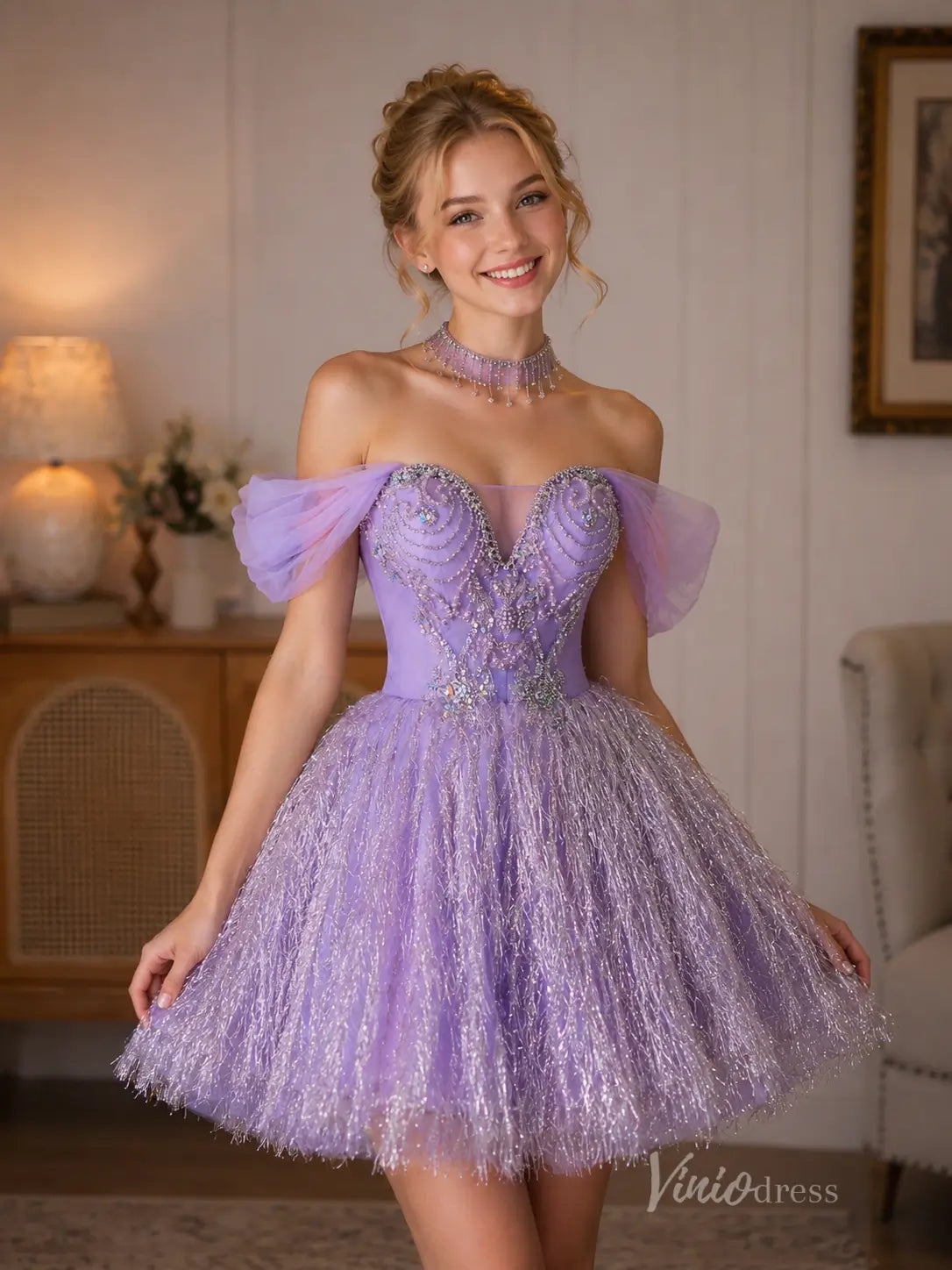 Lavender Glitter Fringe Hoco Dress with Beaded Bodice – Viniodress