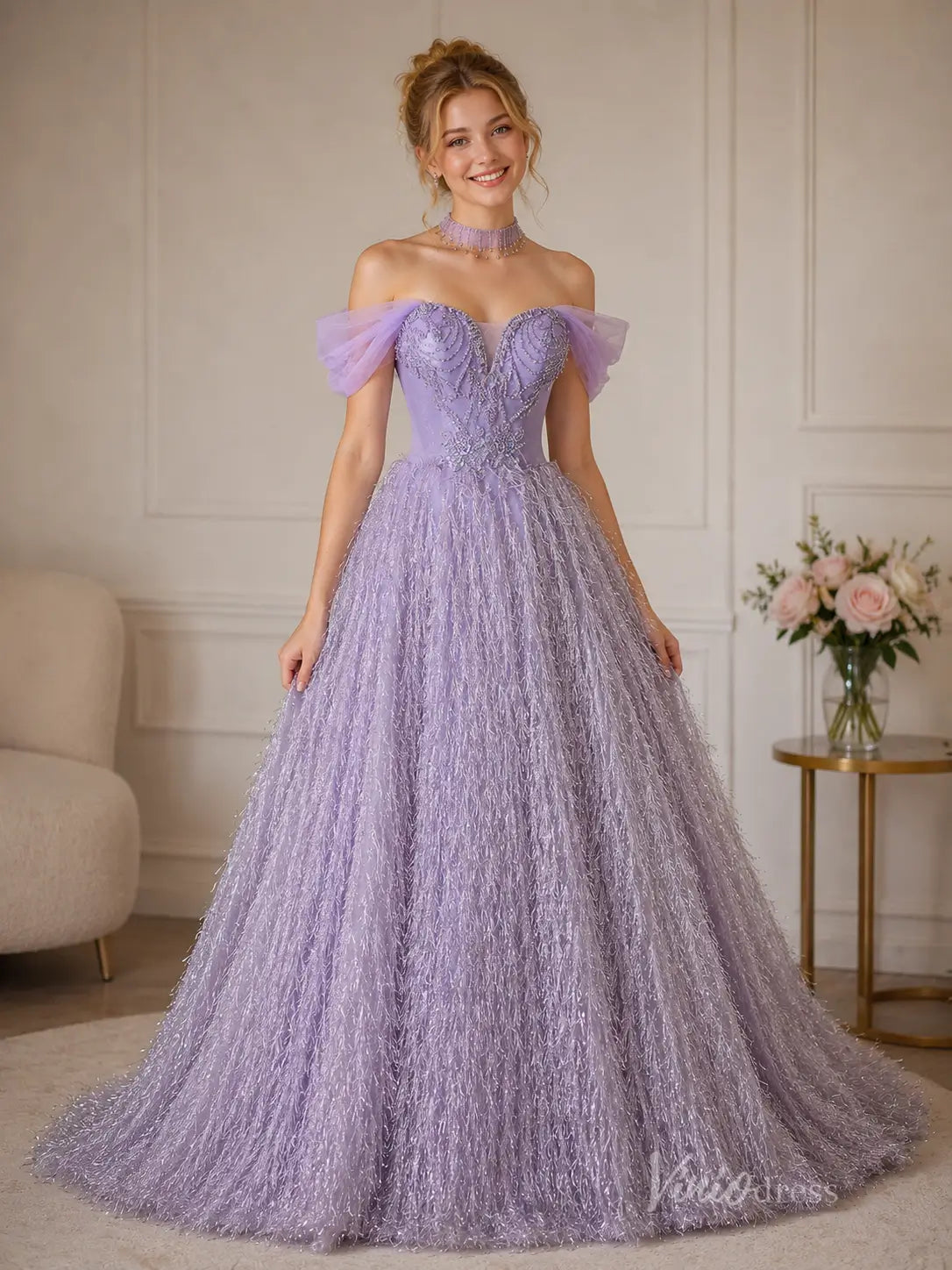 Lavender Glitter Tassel Formal Dress with Beaded Bodice – Viniodress