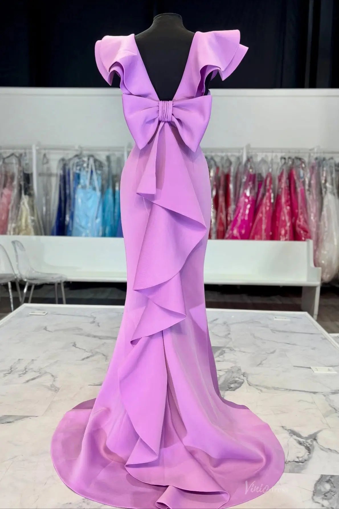 Lavender Ruffled Cap Sleeve Prom Dress with Square Neckline & Bow V-Back – SS374
