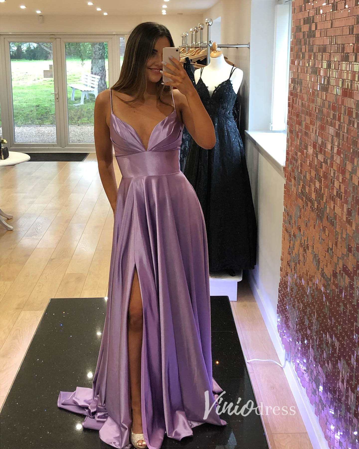 Lavender Satin Prom Dresses with Slit Spaghetti Strap Evening Dress FD – Viniodress