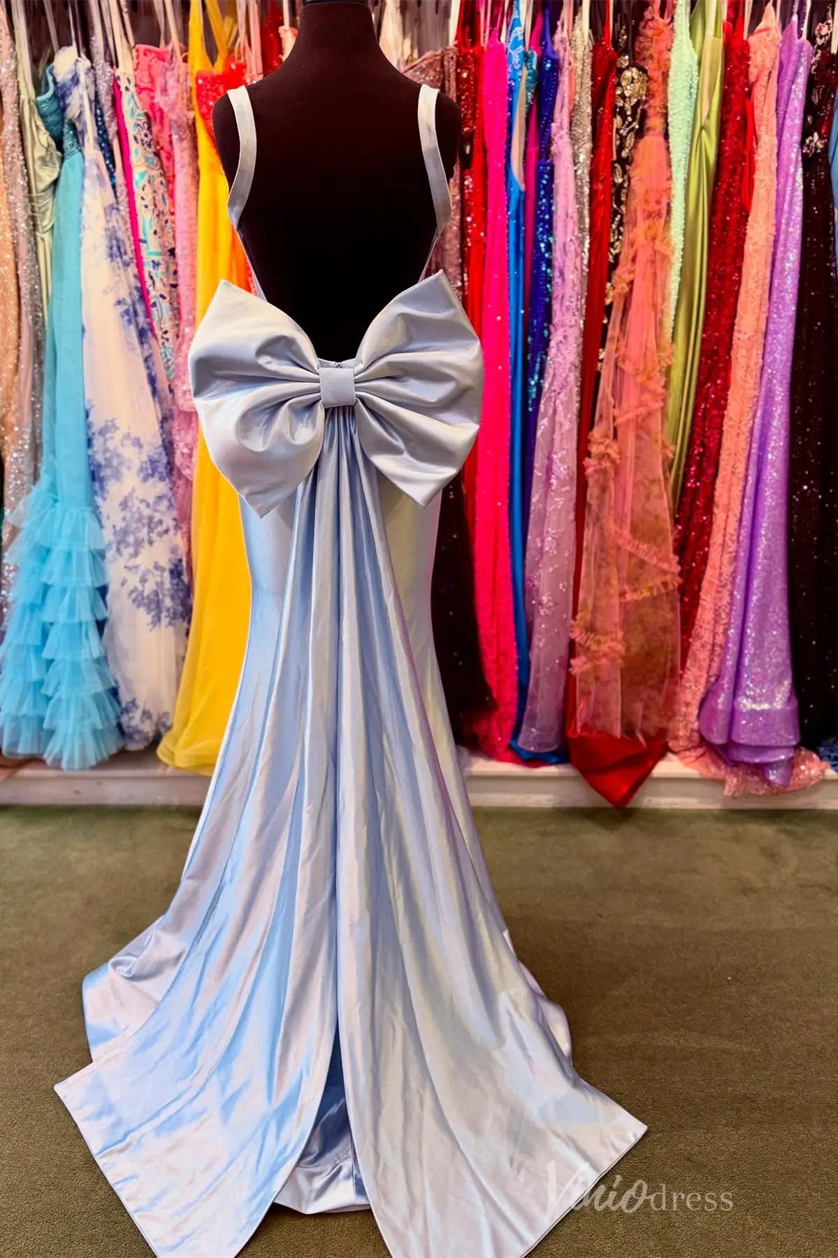 Lavender Strapless Satin Prom Dress with Corset Bodice and Back Bow – SS094 – Viniodress
