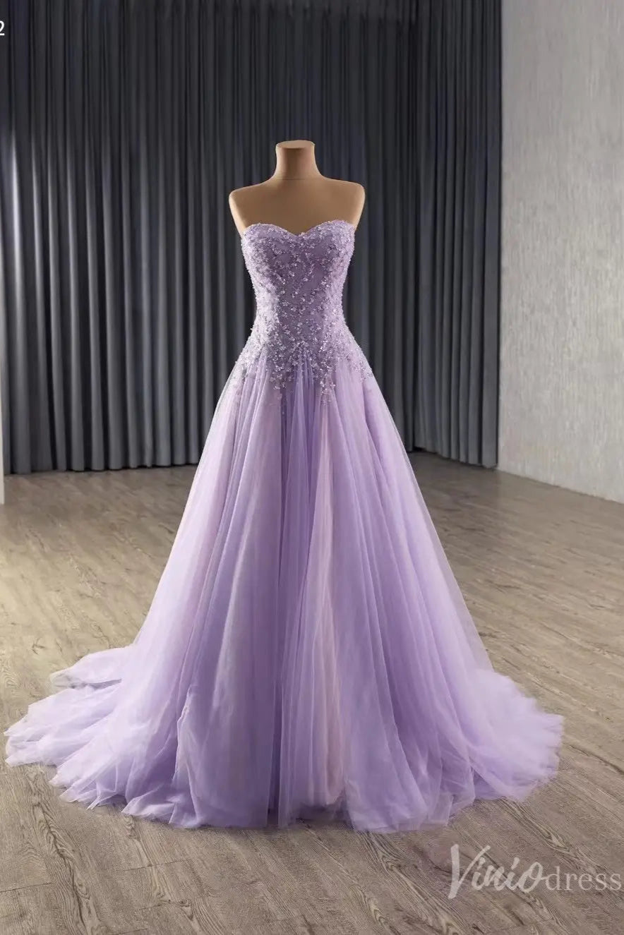 Lavender Wedding Dress Strapless Beaded Tulle Gala Pageant Gown 251022