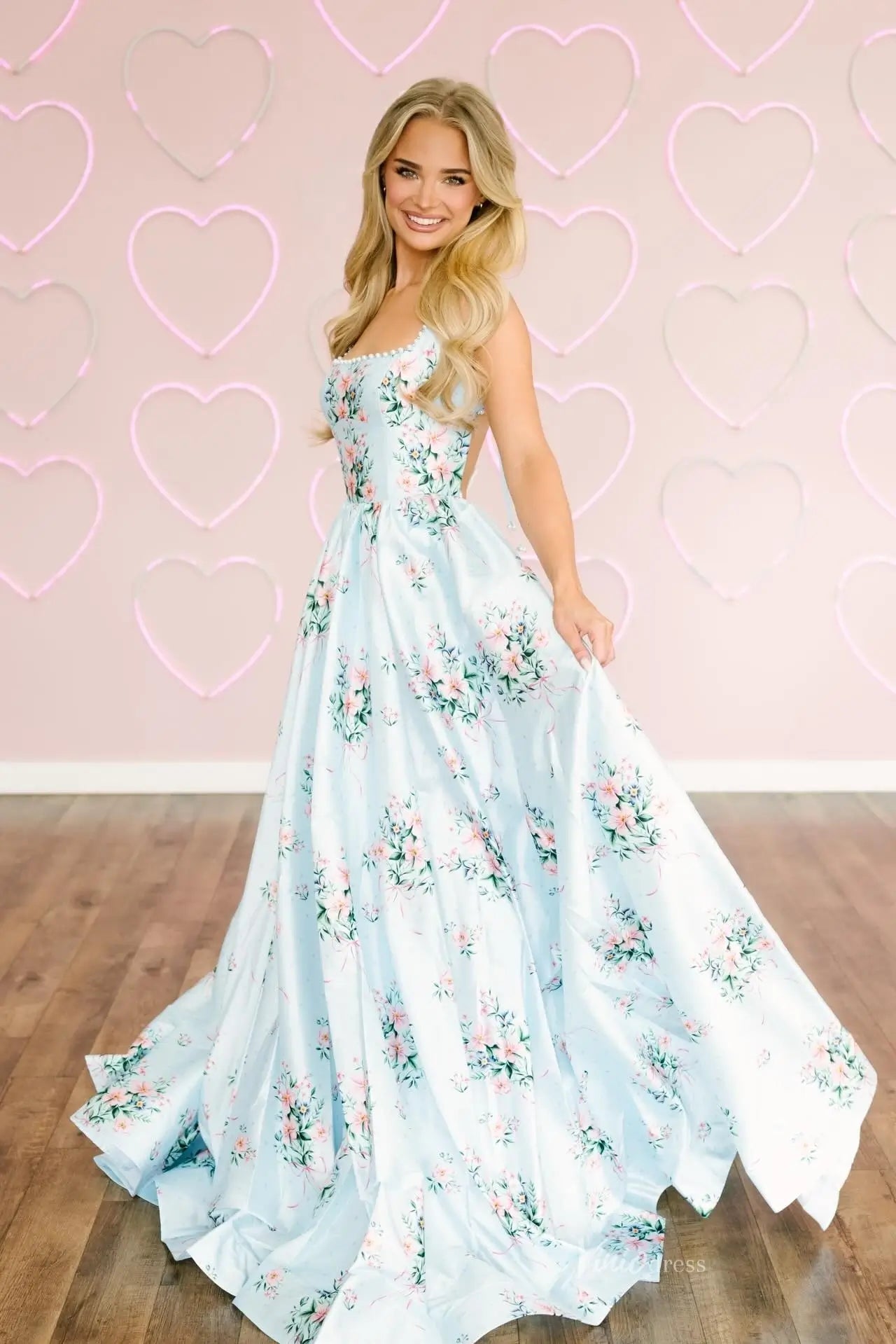 Light Blue Floral Prom Dress with Pearl Trim & Open Back – AS043 – Viniodress