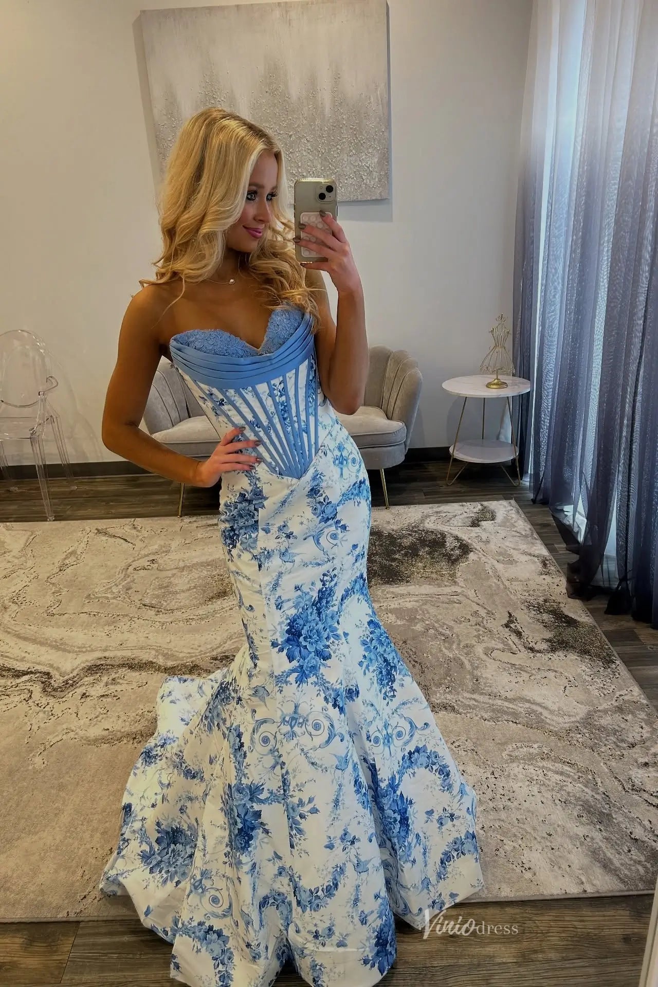 Light Blue Floral Print Mermaid Prom Dress with Lace Sweetheart – SS323 – Viniodress