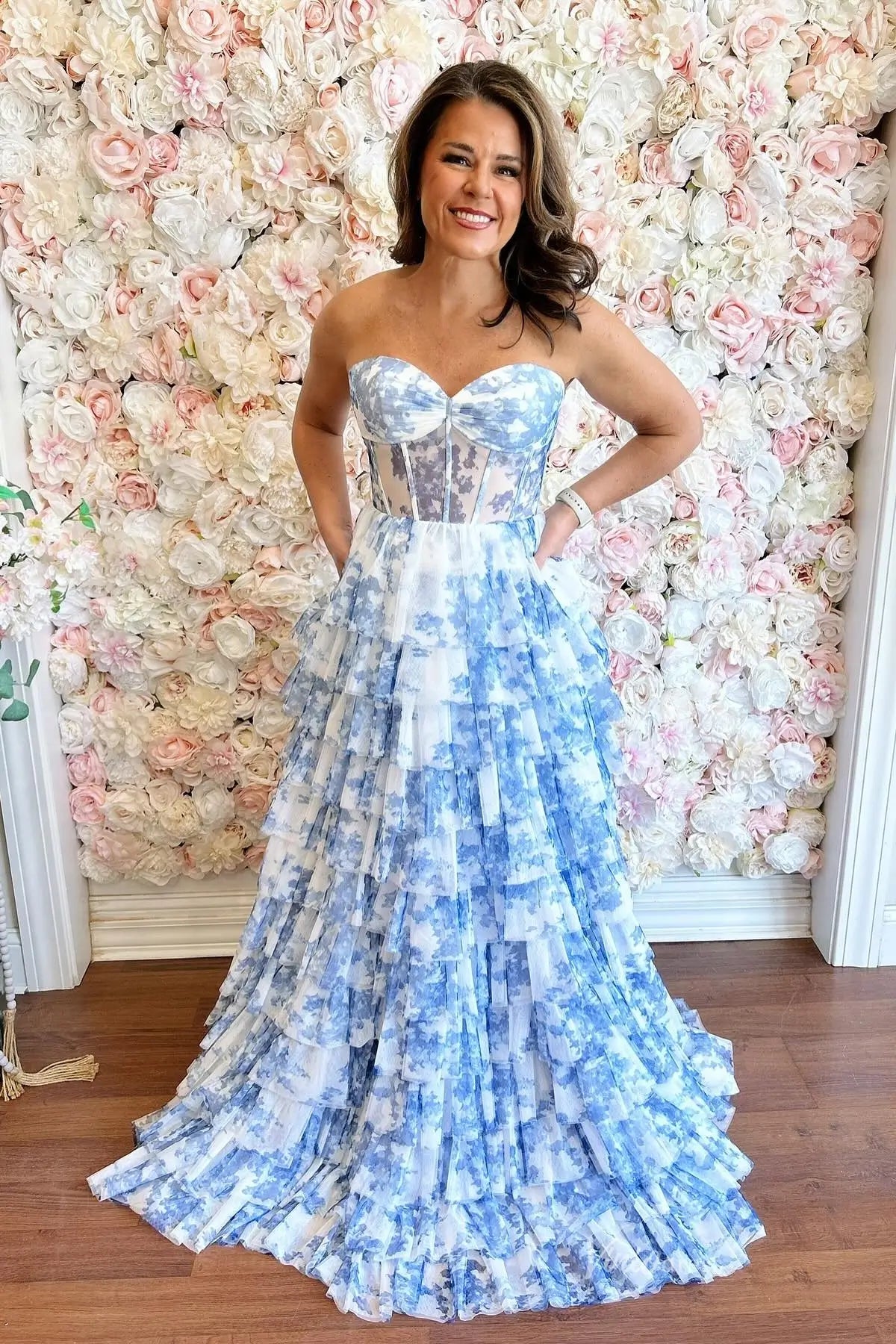 Light Blue Floral Print Tiered Ruffle Prom Dress with Sweetheart – RF152 – Viniodress
