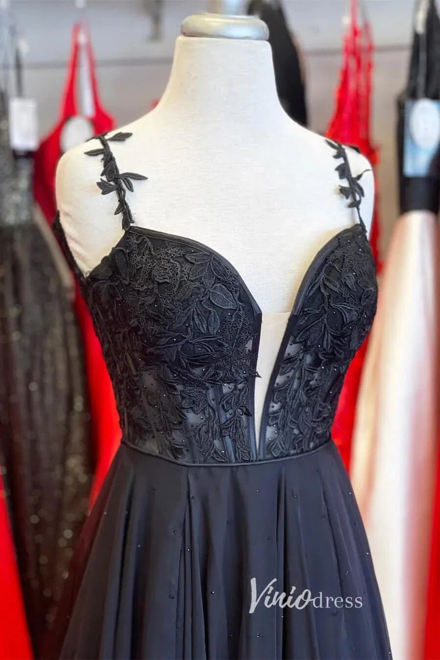 Light Blue Lace Applique Prom Dresses Chiffon Plunging V-Neck Formal Gown FD1348E-prom dresses 2025 -Viniodress-Black-Custom Size-