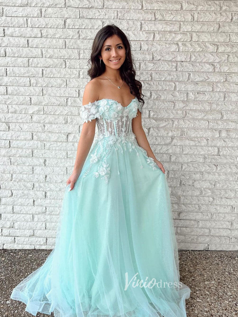 Light Blue Lace Applique Prom Dresses Off the Shoulder Evening Dress F – Viniodress