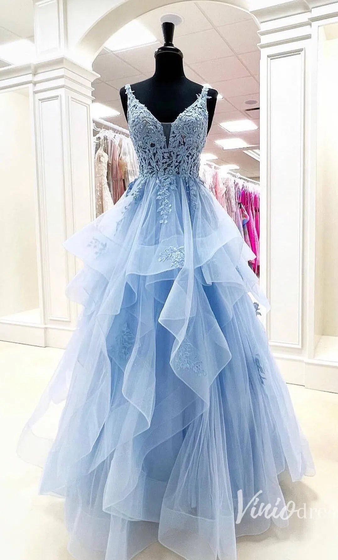 Light Blue Layered Ruffle Prom Dresses Lace Applique Evening Dress FD2 – Viniodress