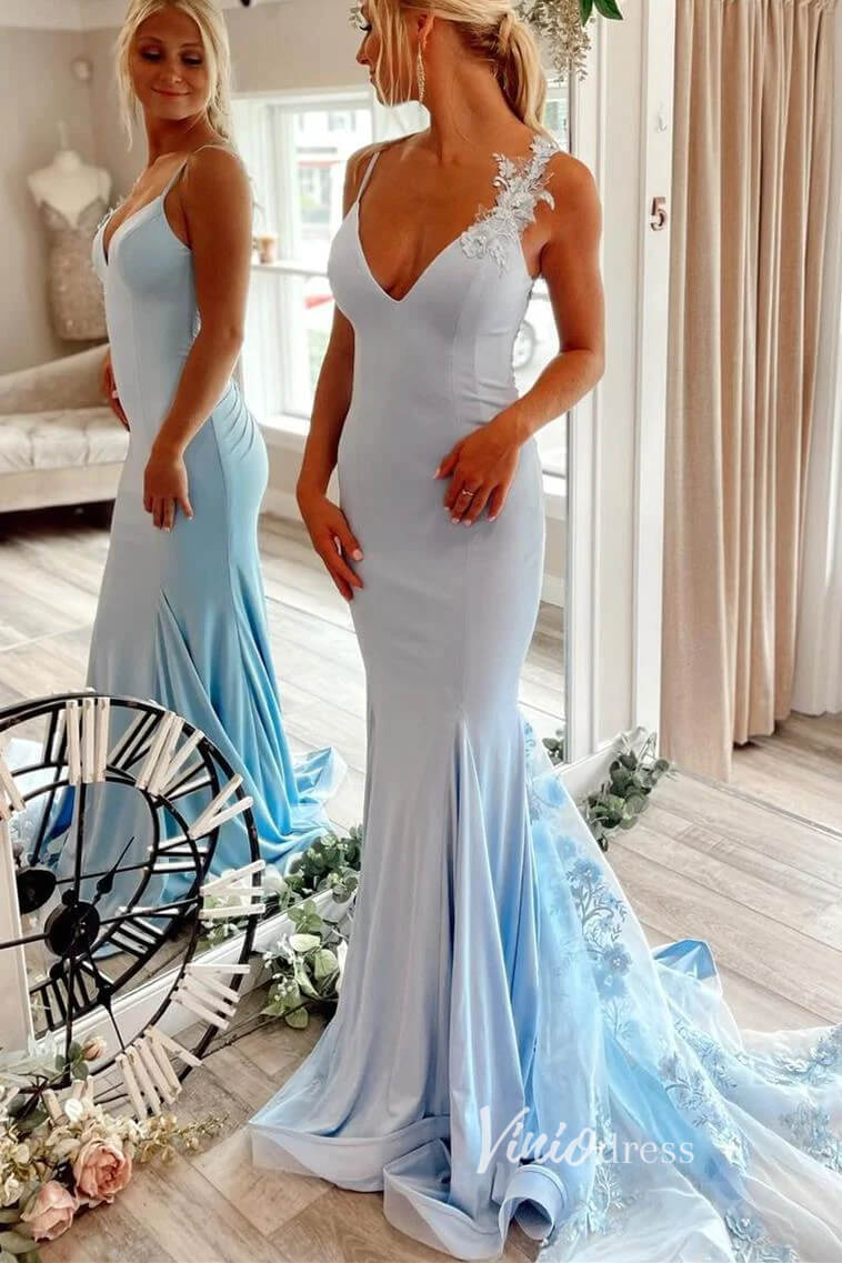 Light Blue Mermaid Prom Dress V-Neck Backless Evening Gown with 3D Flo – Viniodress