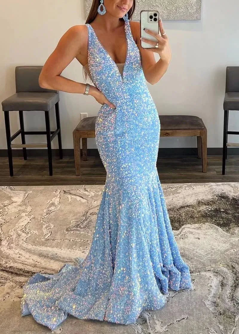 Light Blue Mermaid Sequin Prom Dress Plunging V-Neck Formal Dresses FD – Viniodress